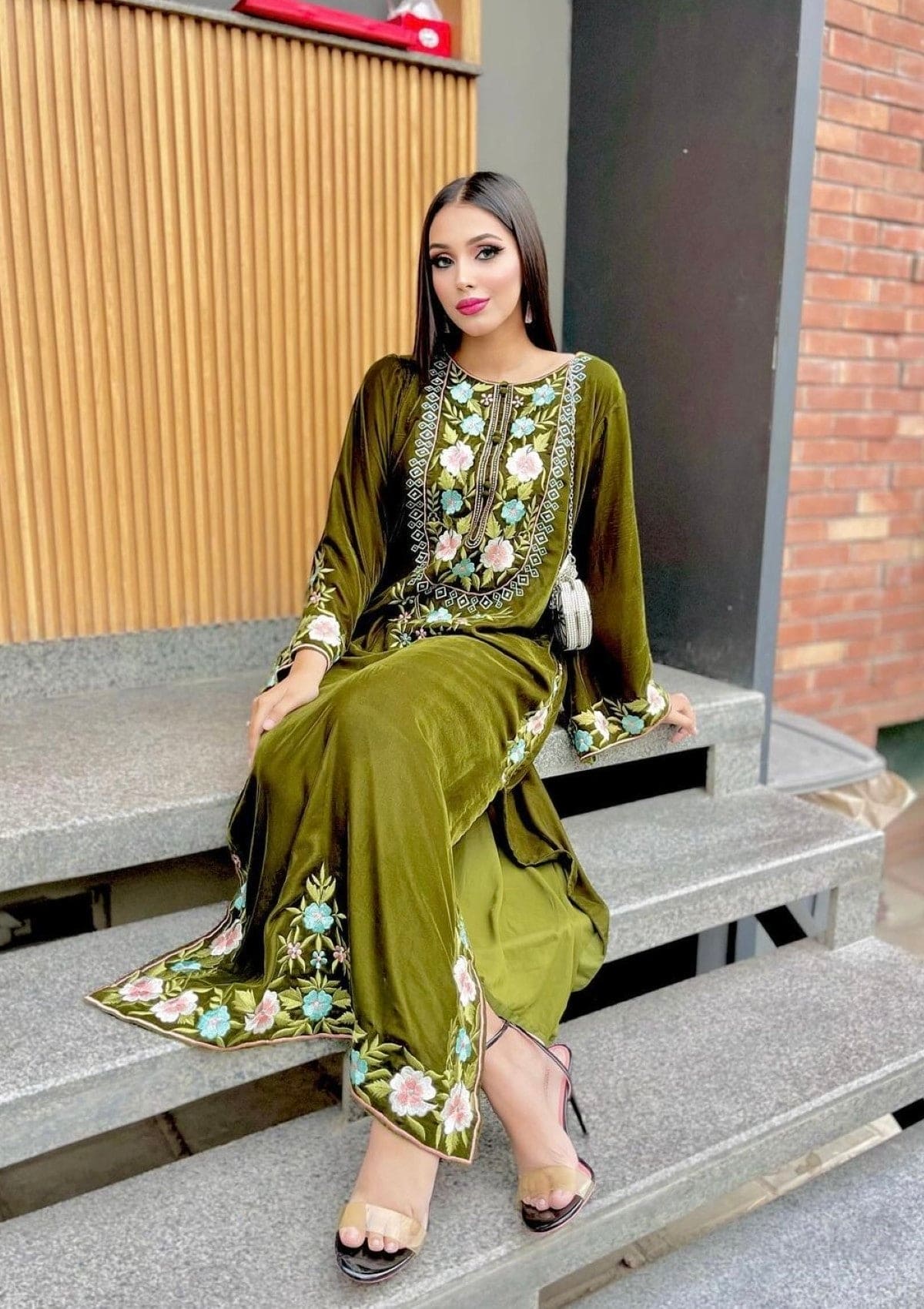 Olive green velvet shirt with embroidery on border, neckline and sleeves
