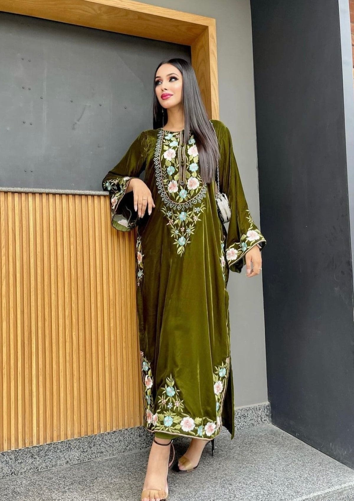 Olive green velvet shirt with embroidery on border, neckline and sleeves