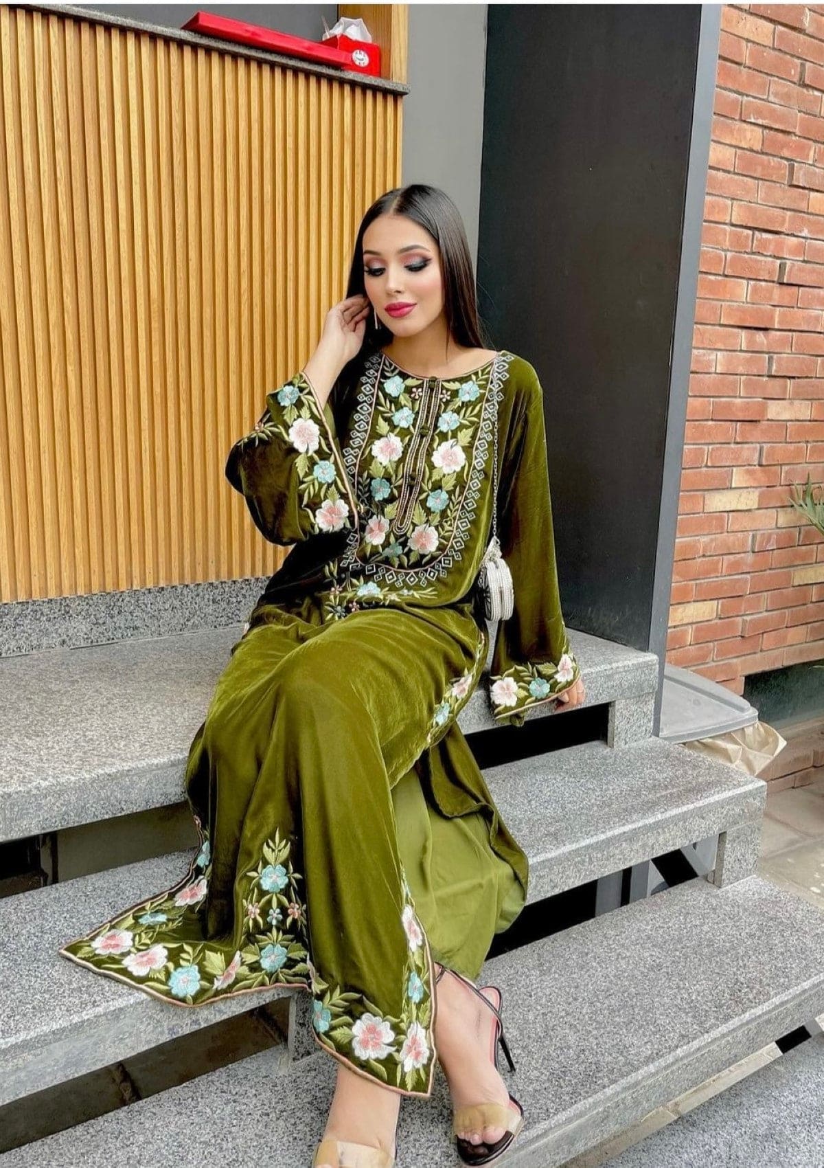 Olive green velvet shirt with embroidery on border, neckline and sleeves