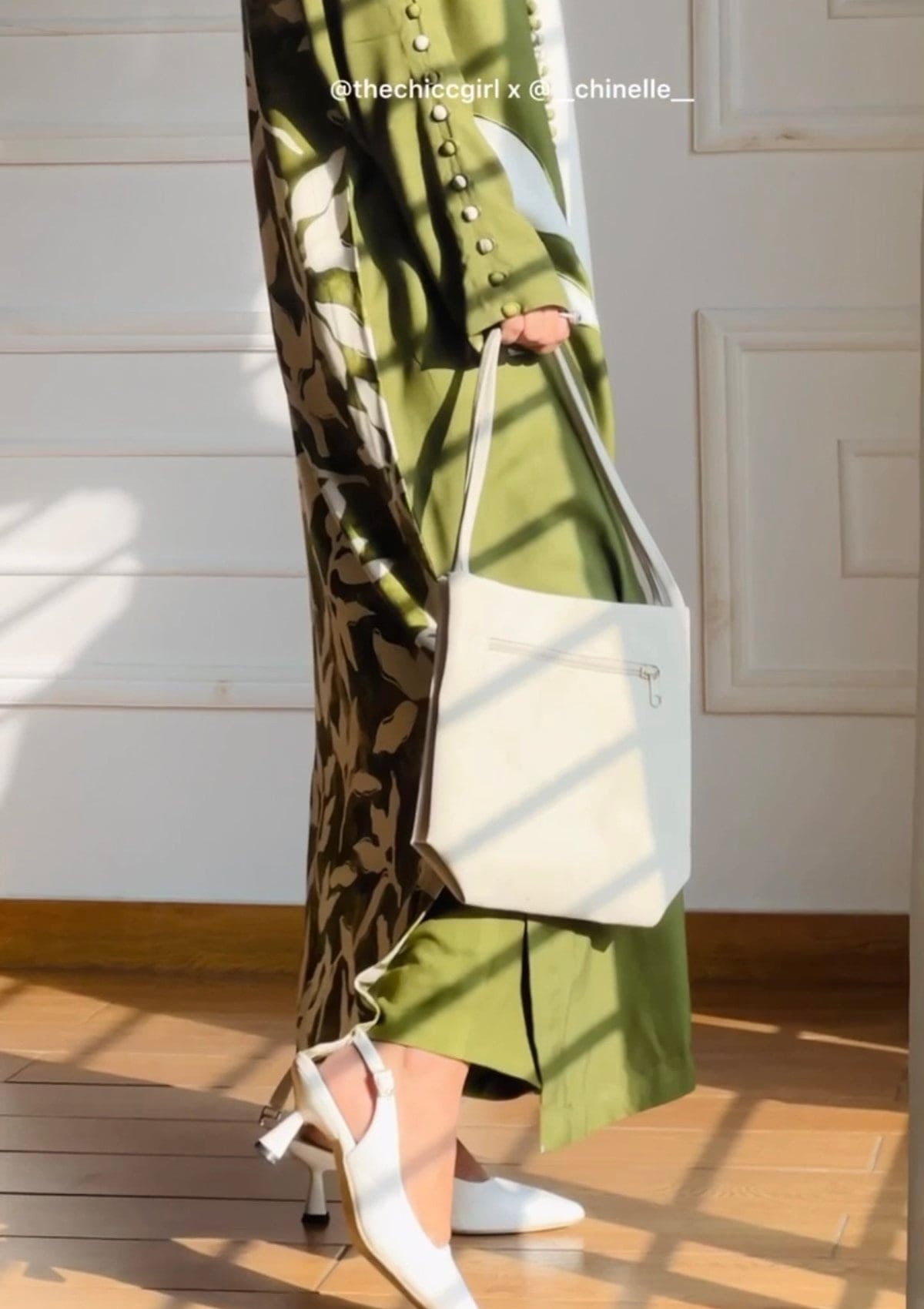 Willow is a Two piece apple green marina and white co-ord with printed back and stylised with buttons