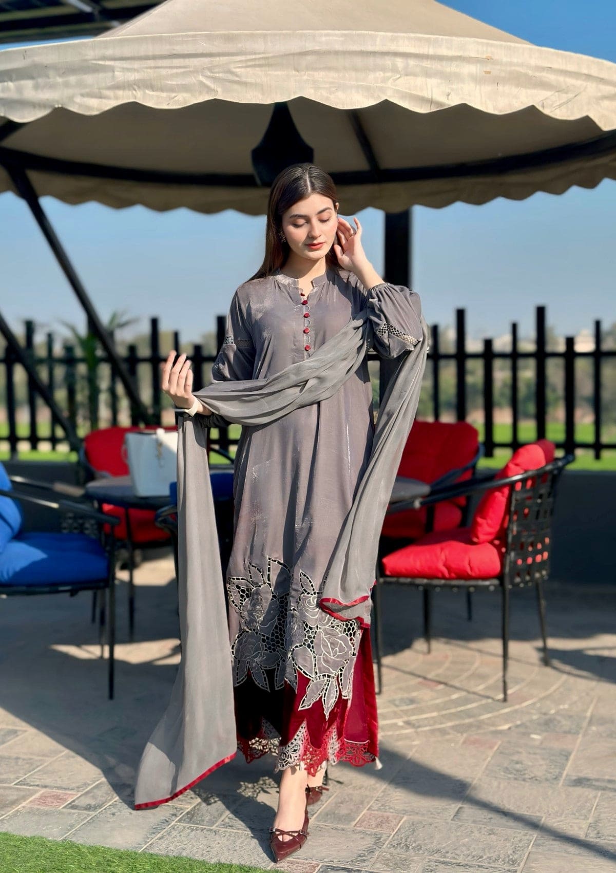 Burgundy Classic: steel grey and burgundy velvet combo 3 Piece