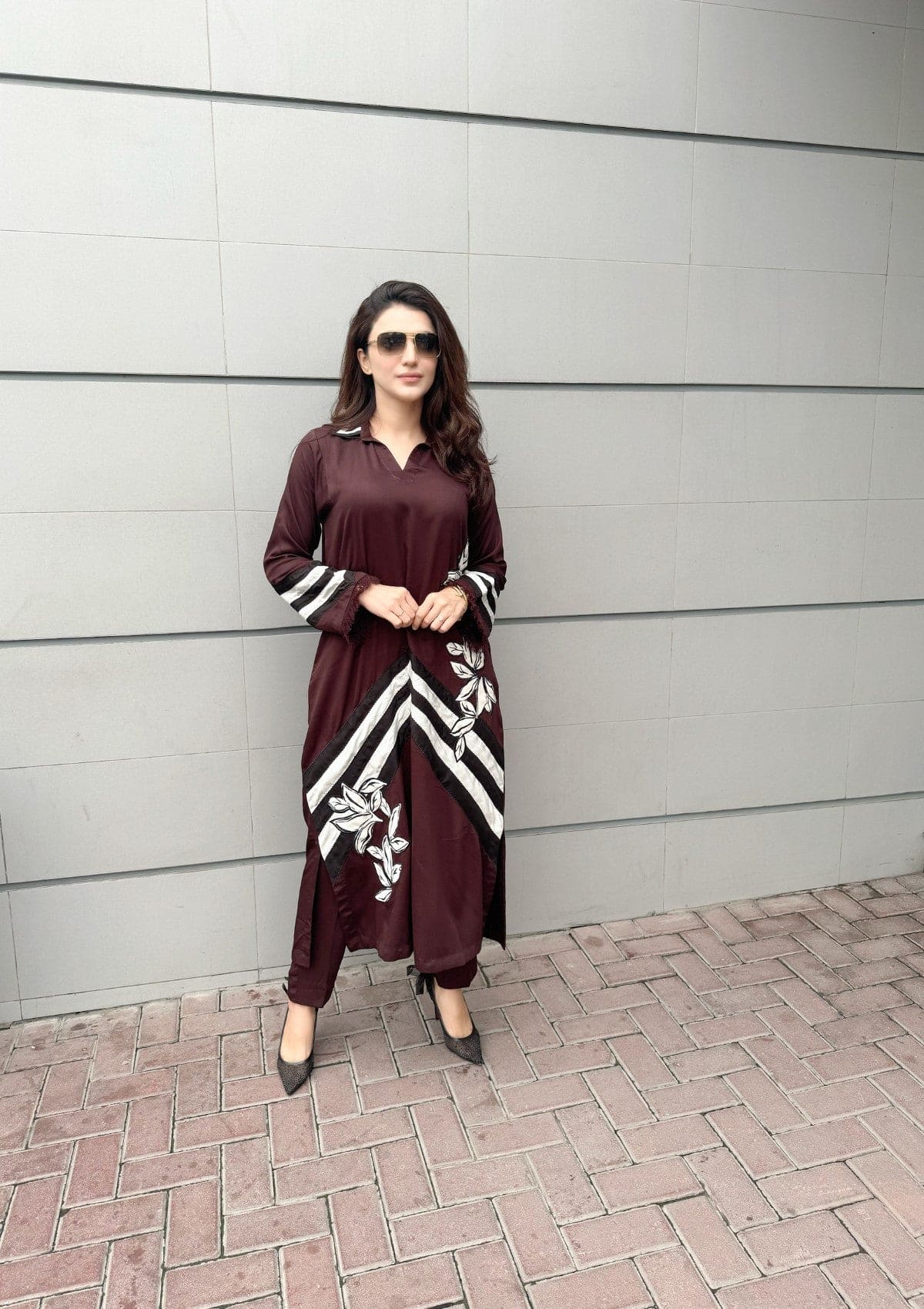 Walnut is a chocolate marina co-ord set with black and white floral appliqué