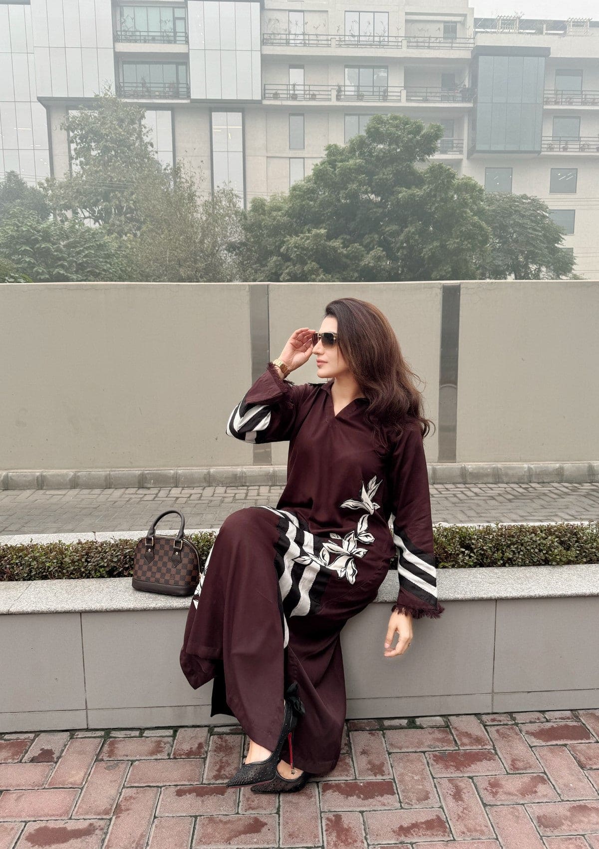 Walnut is a chocolate marina co-ord set with black and white floral appliqué