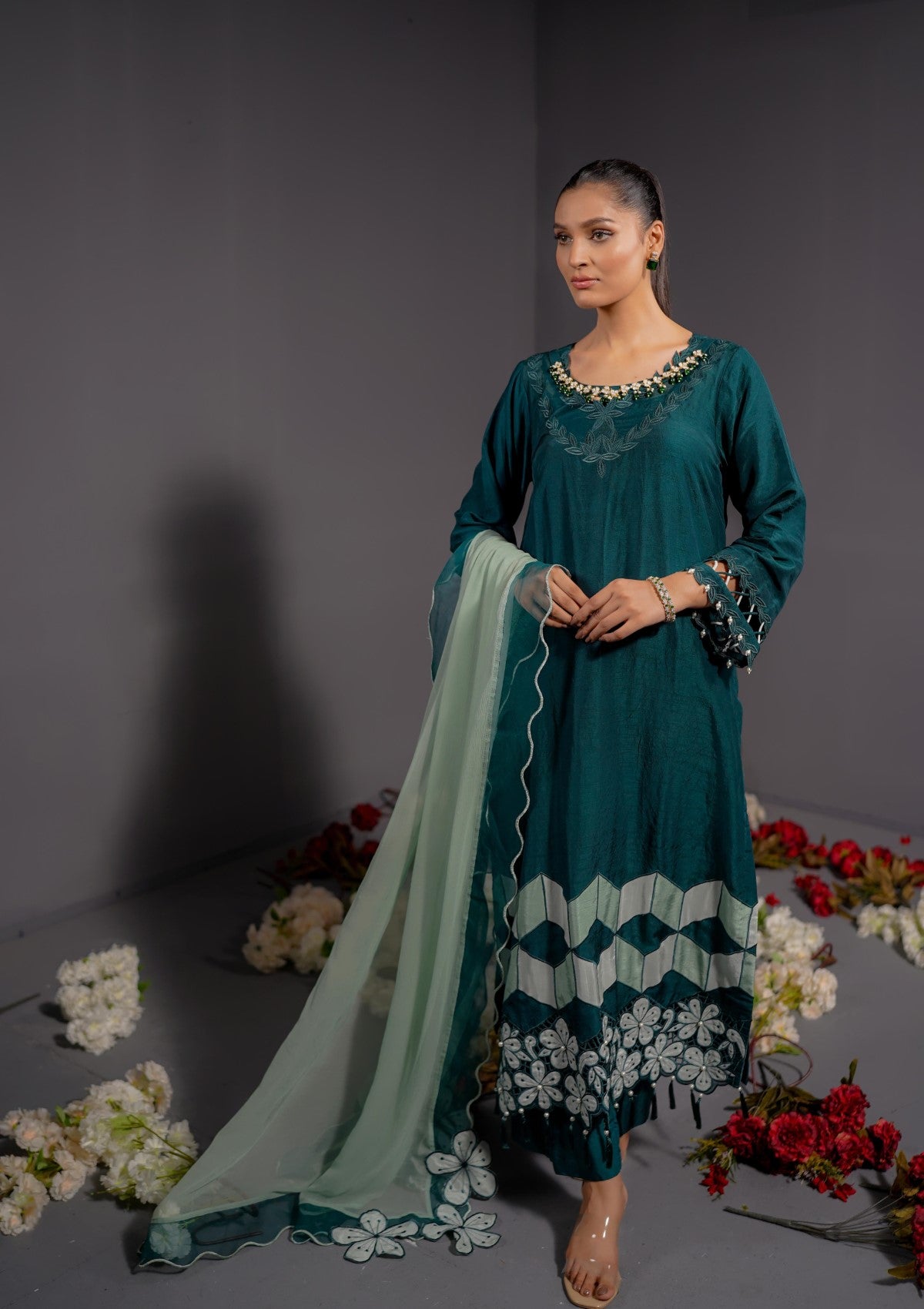 green formal with cutwork 3 pc