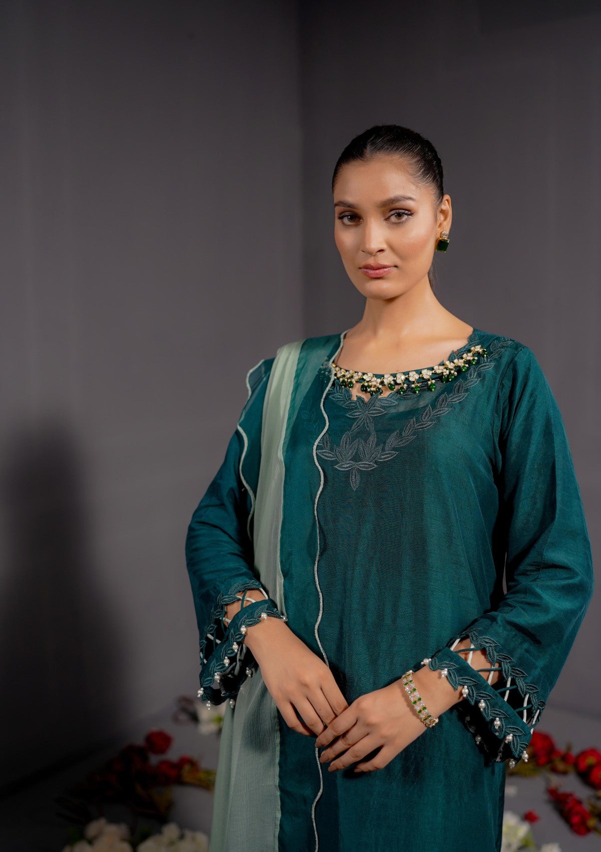 green formal with cutwork 3 pc