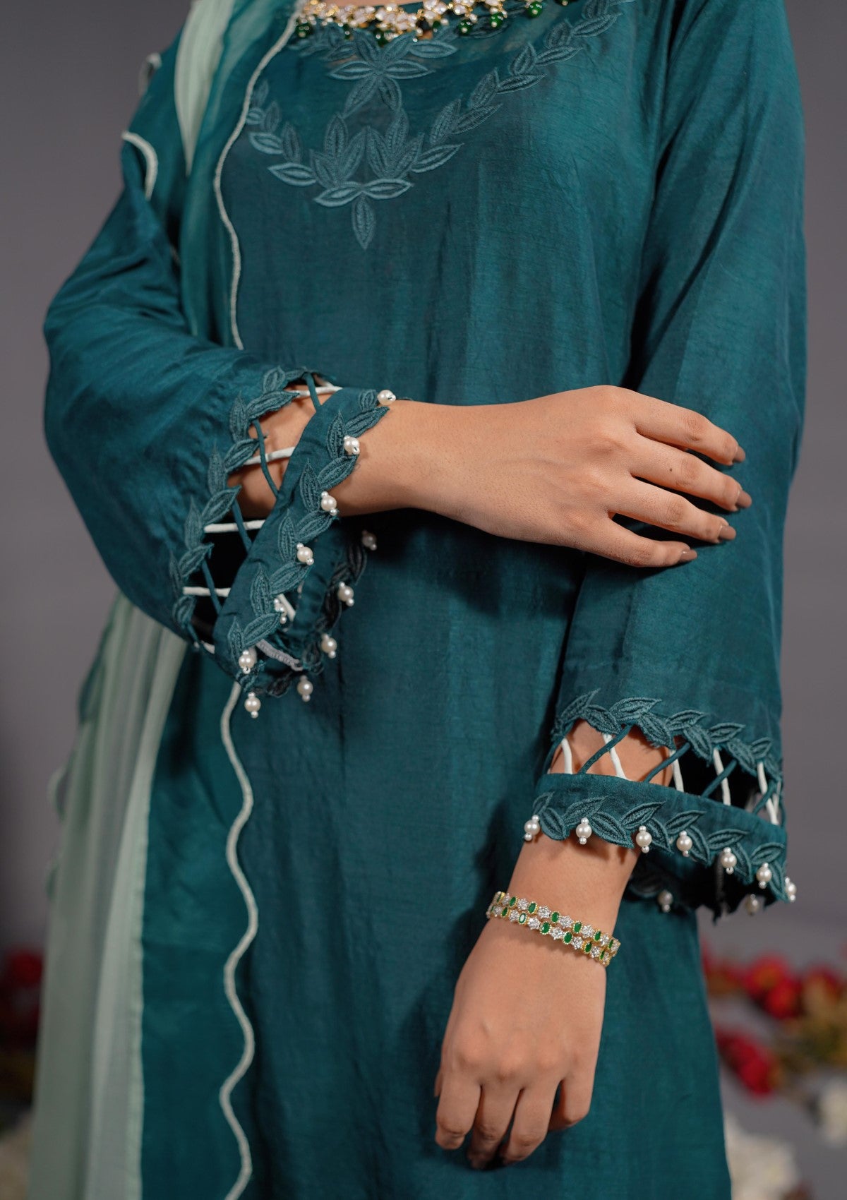 green formal with cutwork 3 pc