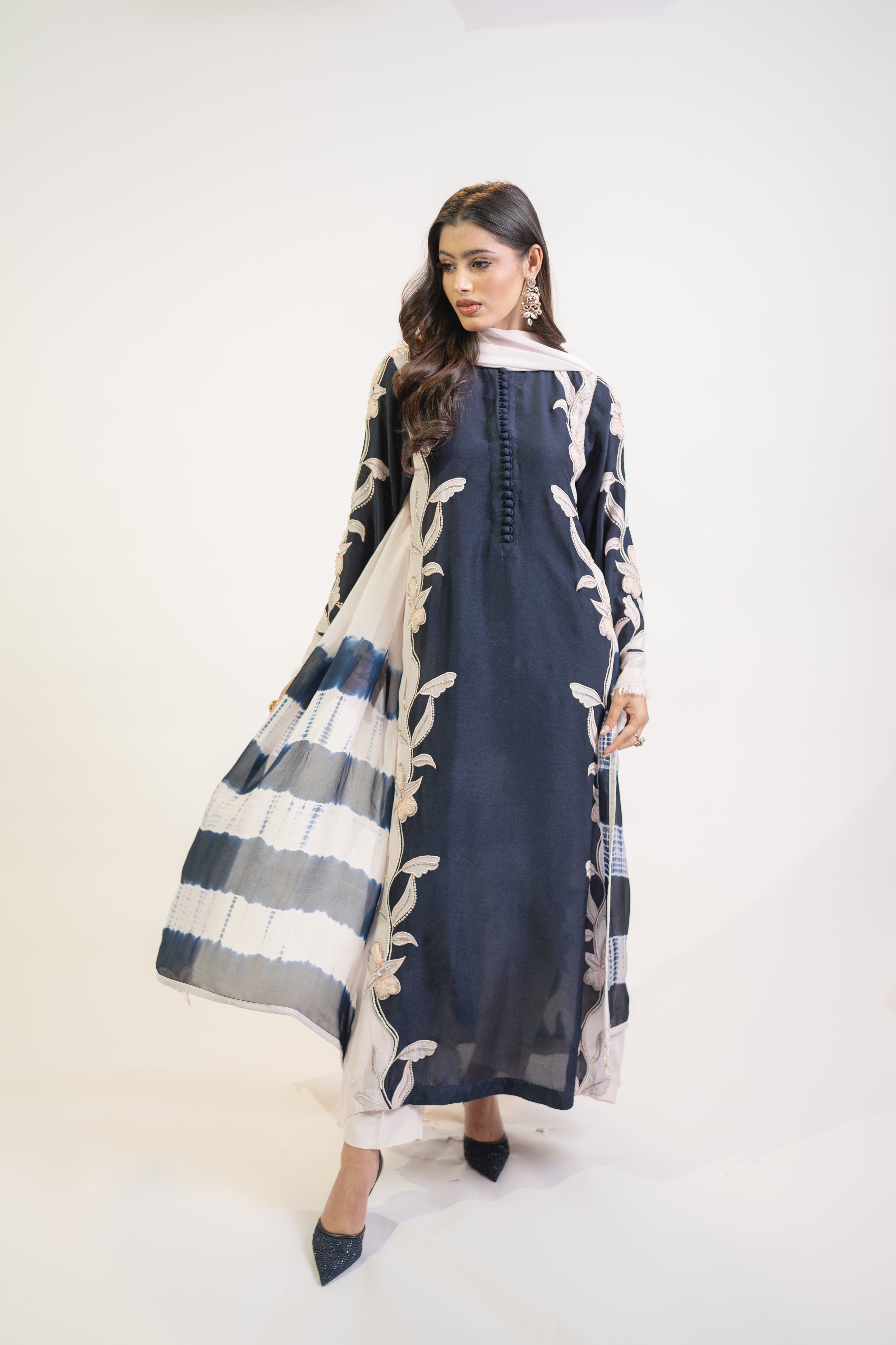 Navy & Baby Pink 3PC Appliqué Shirt Set with 3D Sequin Work & Tie-Dye Dupatta