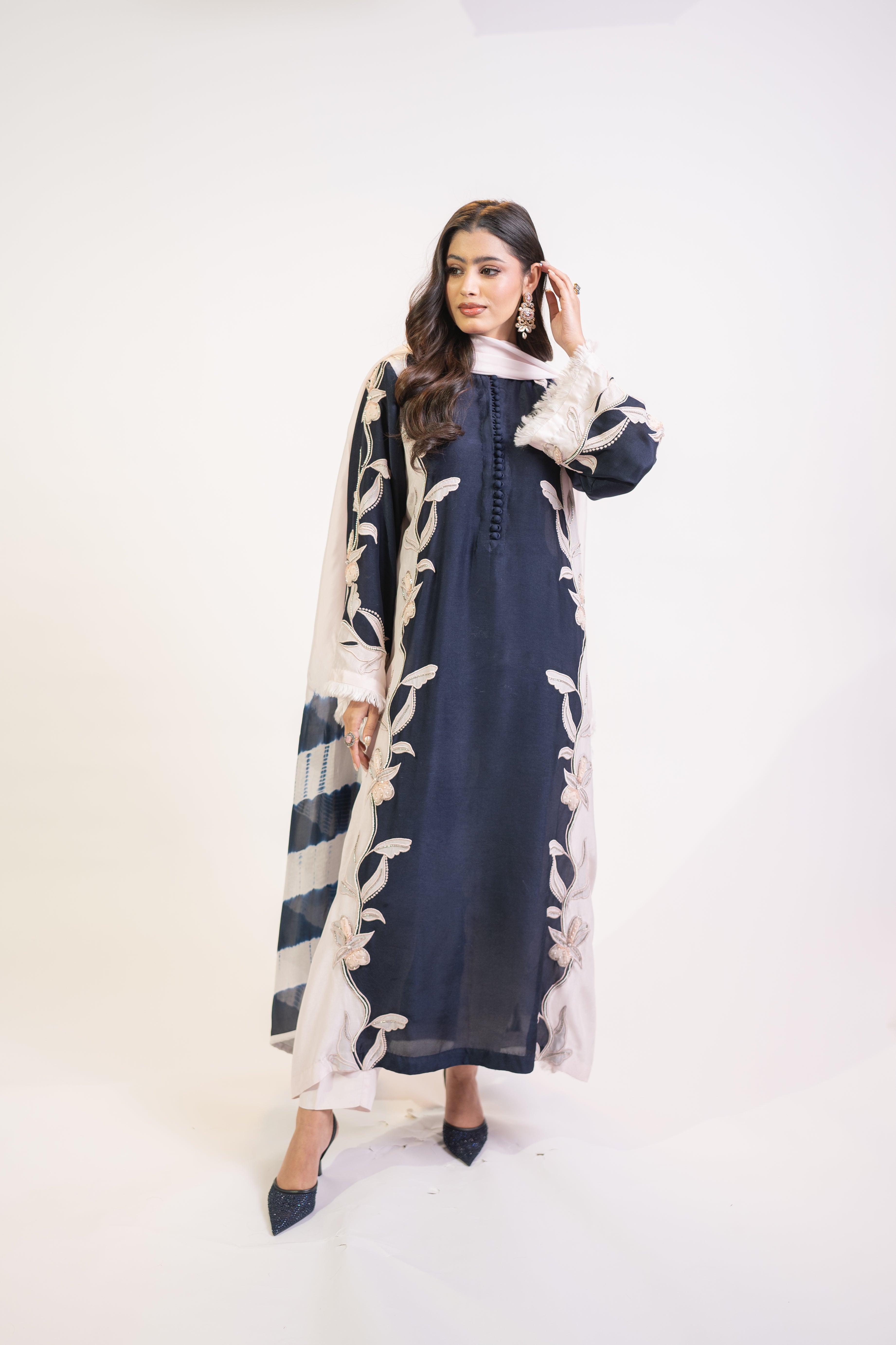 Navy & Baby Pink 3PC Appliqué Shirt Set with 3D Sequin Work & Tie-Dye Dupatta