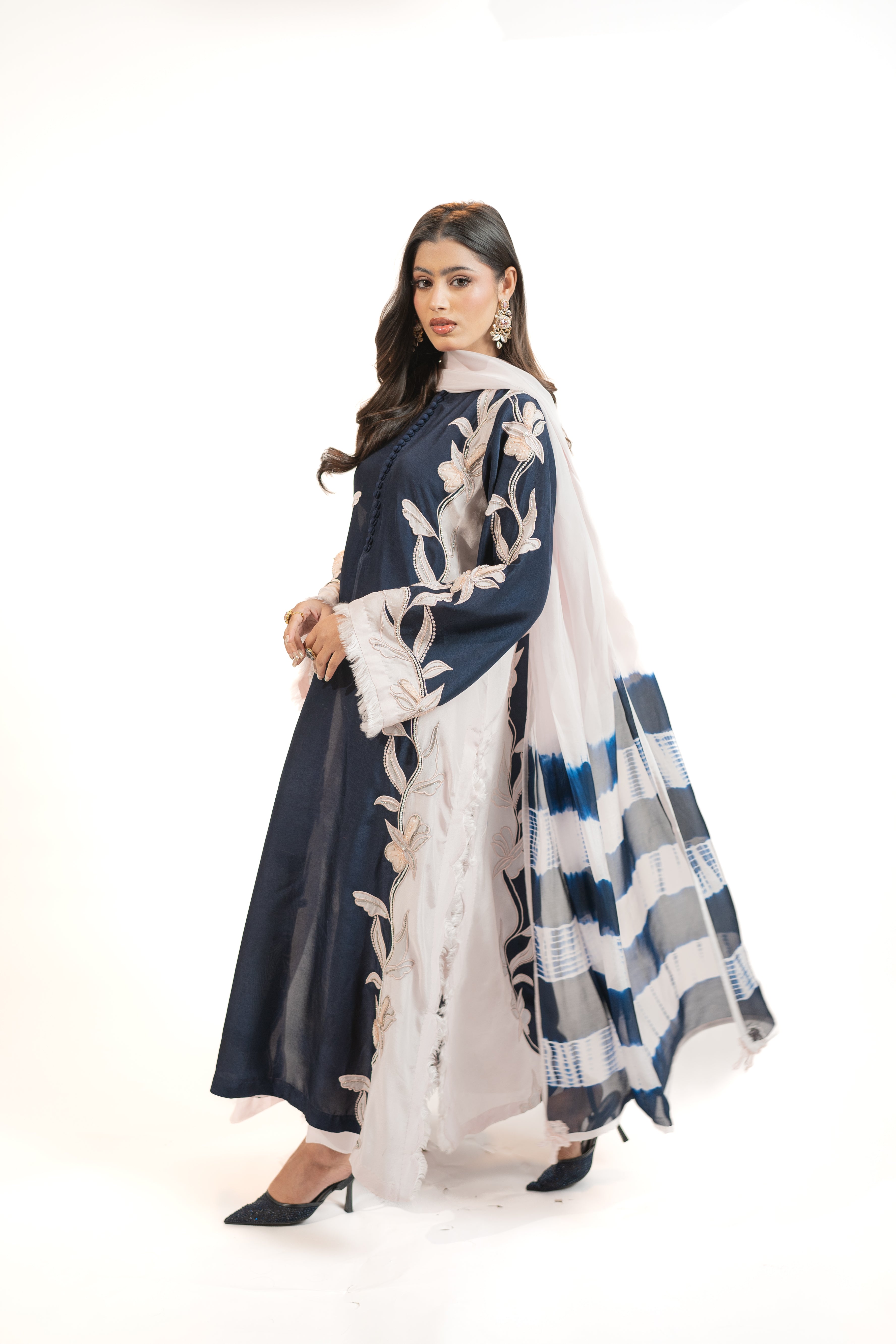 Navy & Baby Pink 3PC Appliqué Shirt Set with 3D Sequin Work & Tie-Dye Dupatta