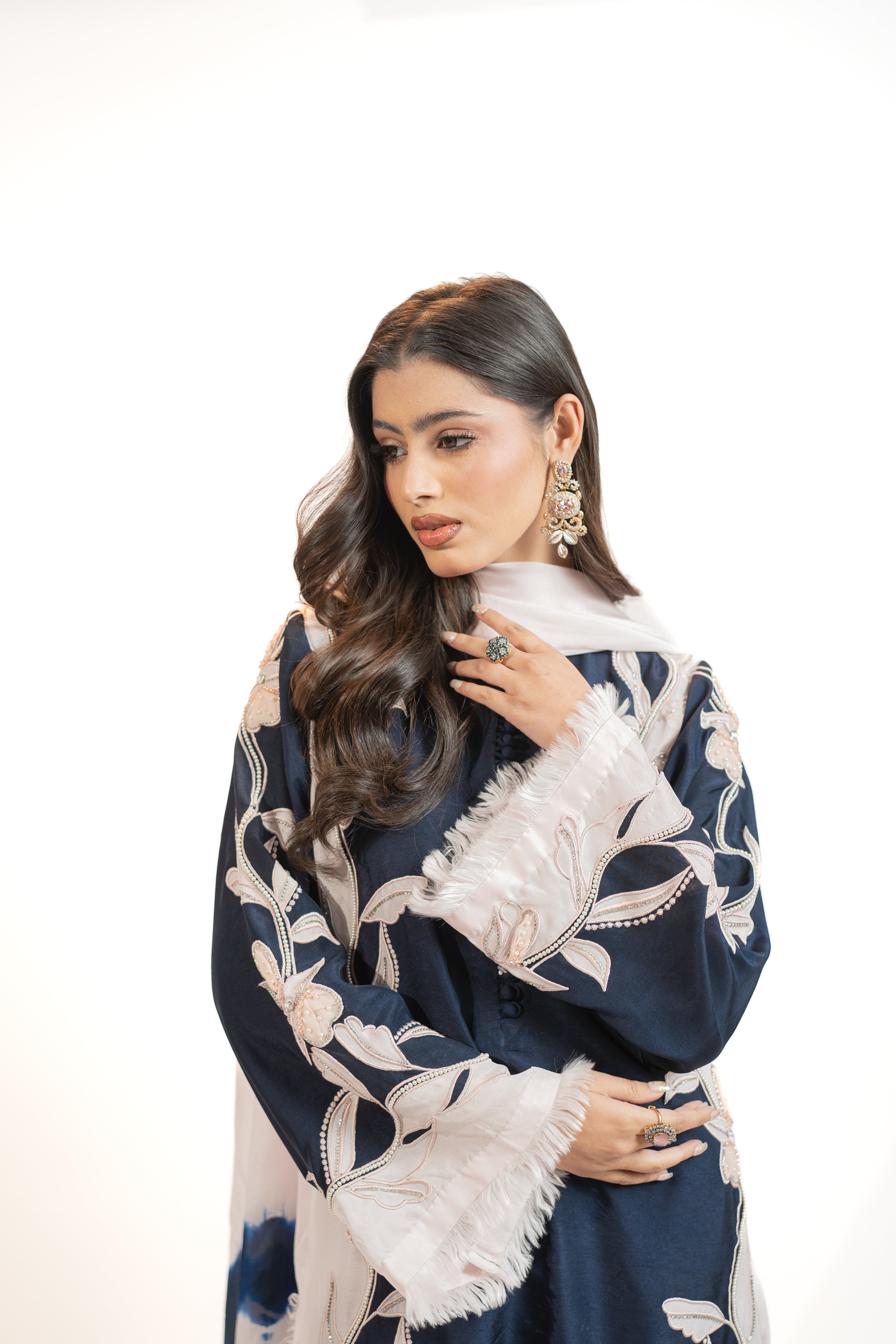 Navy & Baby Pink 3PC Appliqué Shirt Set with 3D Sequin Work & Tie-Dye Dupatta