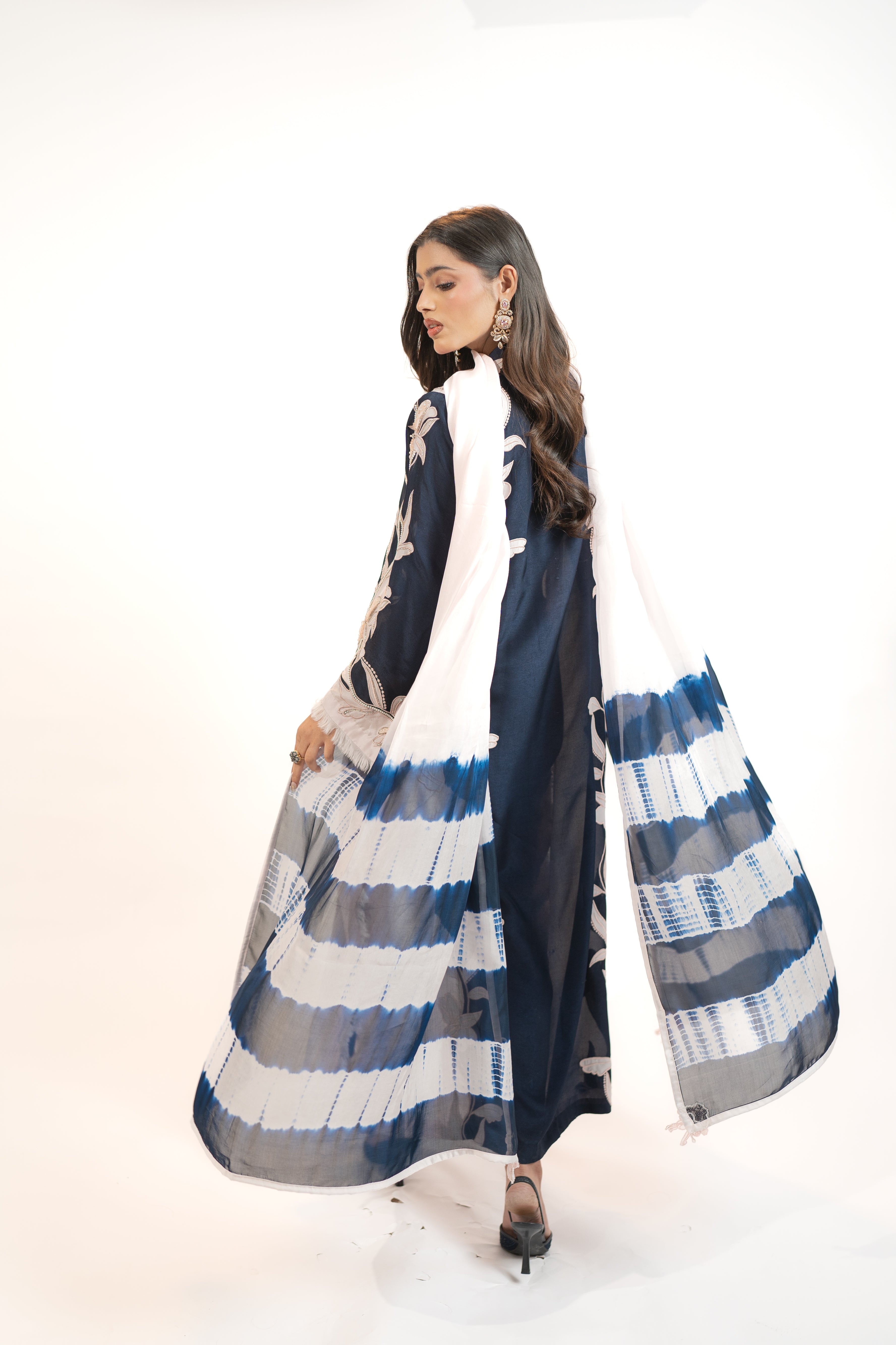 Navy & Baby Pink 3PC Appliqué Shirt Set with 3D Sequin Work & Tie-Dye Dupatta