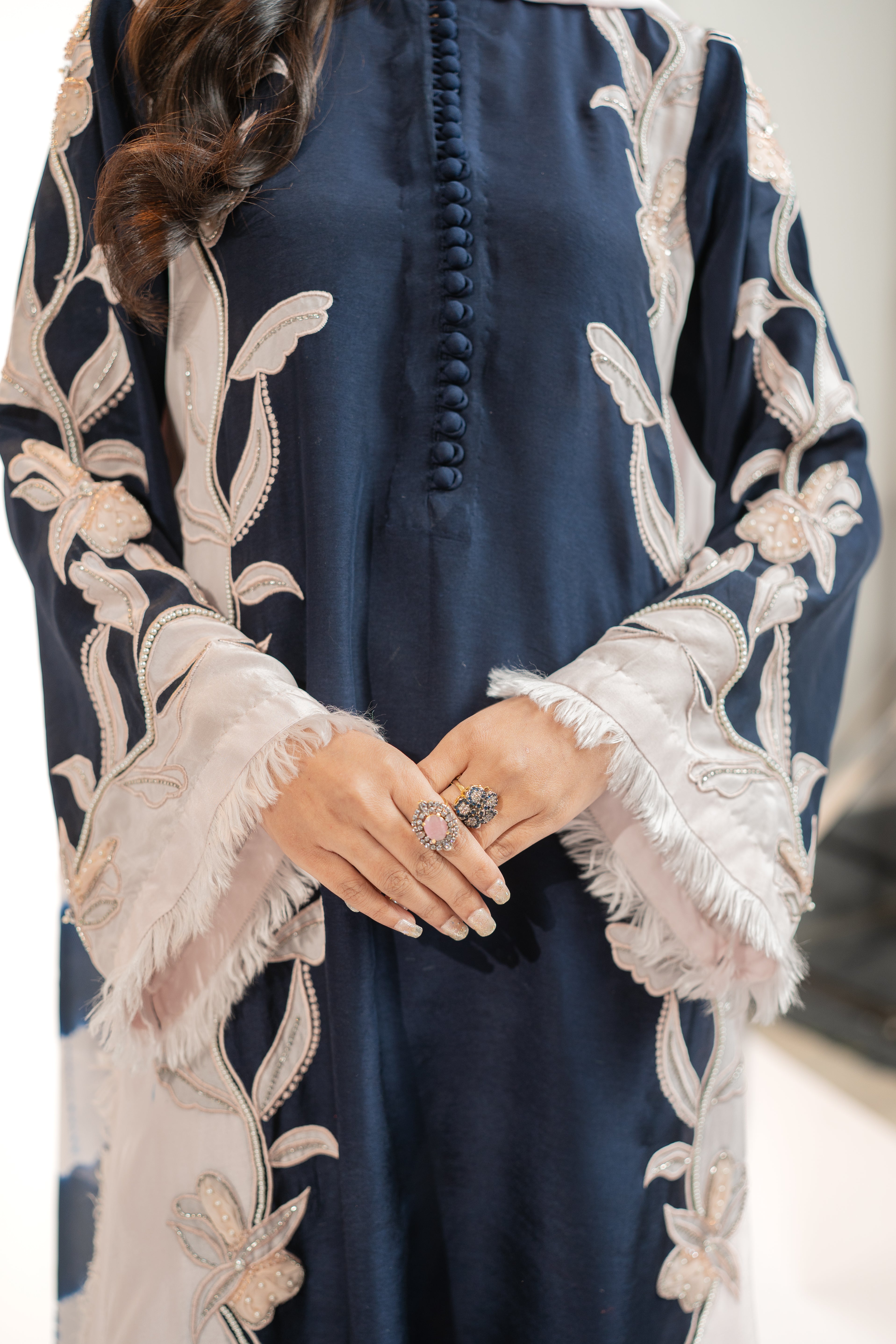 Navy & Baby Pink 3PC Appliqué Shirt Set with 3D Sequin Work & Tie-Dye Dupatta