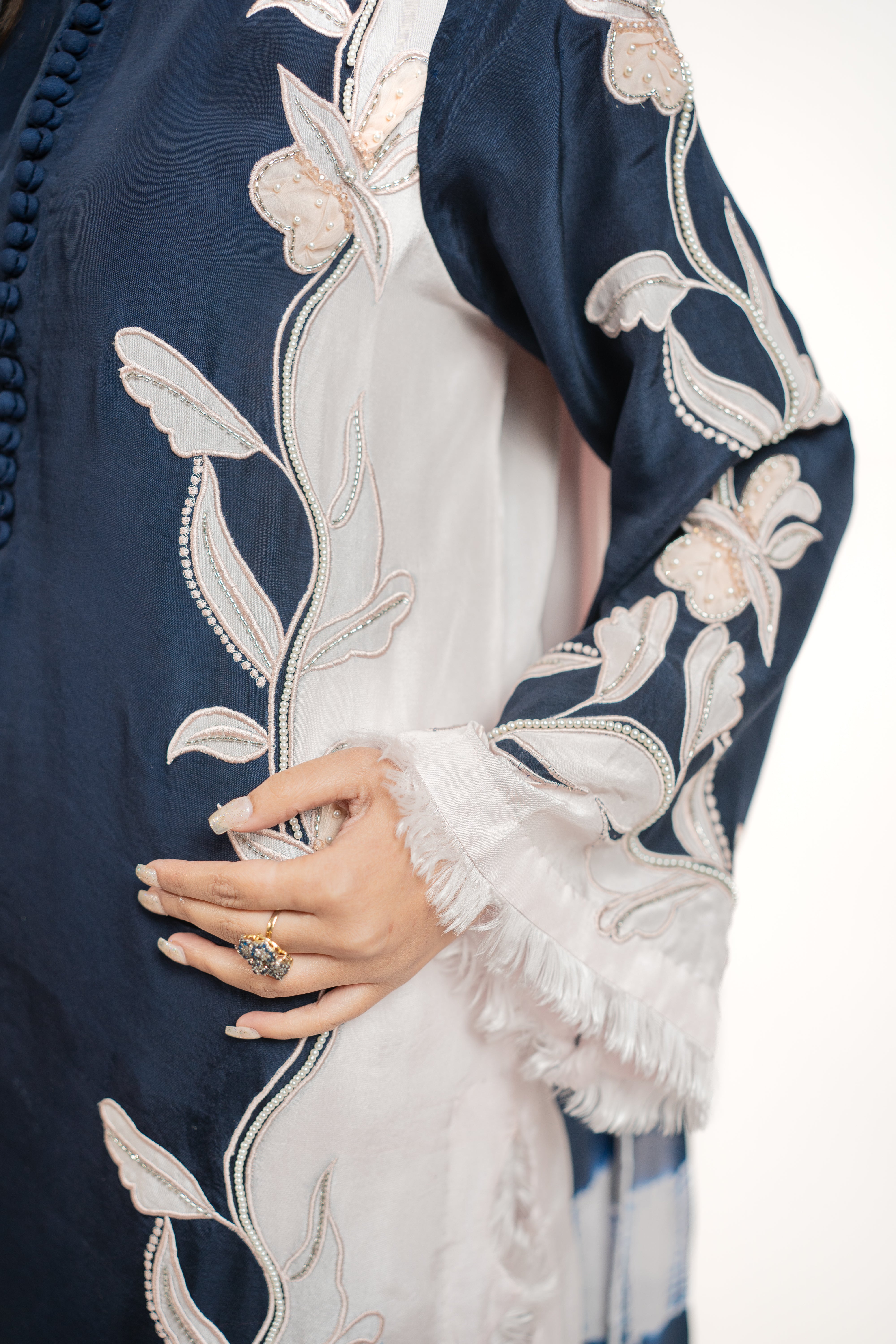 Navy & Baby Pink 3PC Appliqué Shirt Set with 3D Sequin Work & Tie-Dye Dupatta