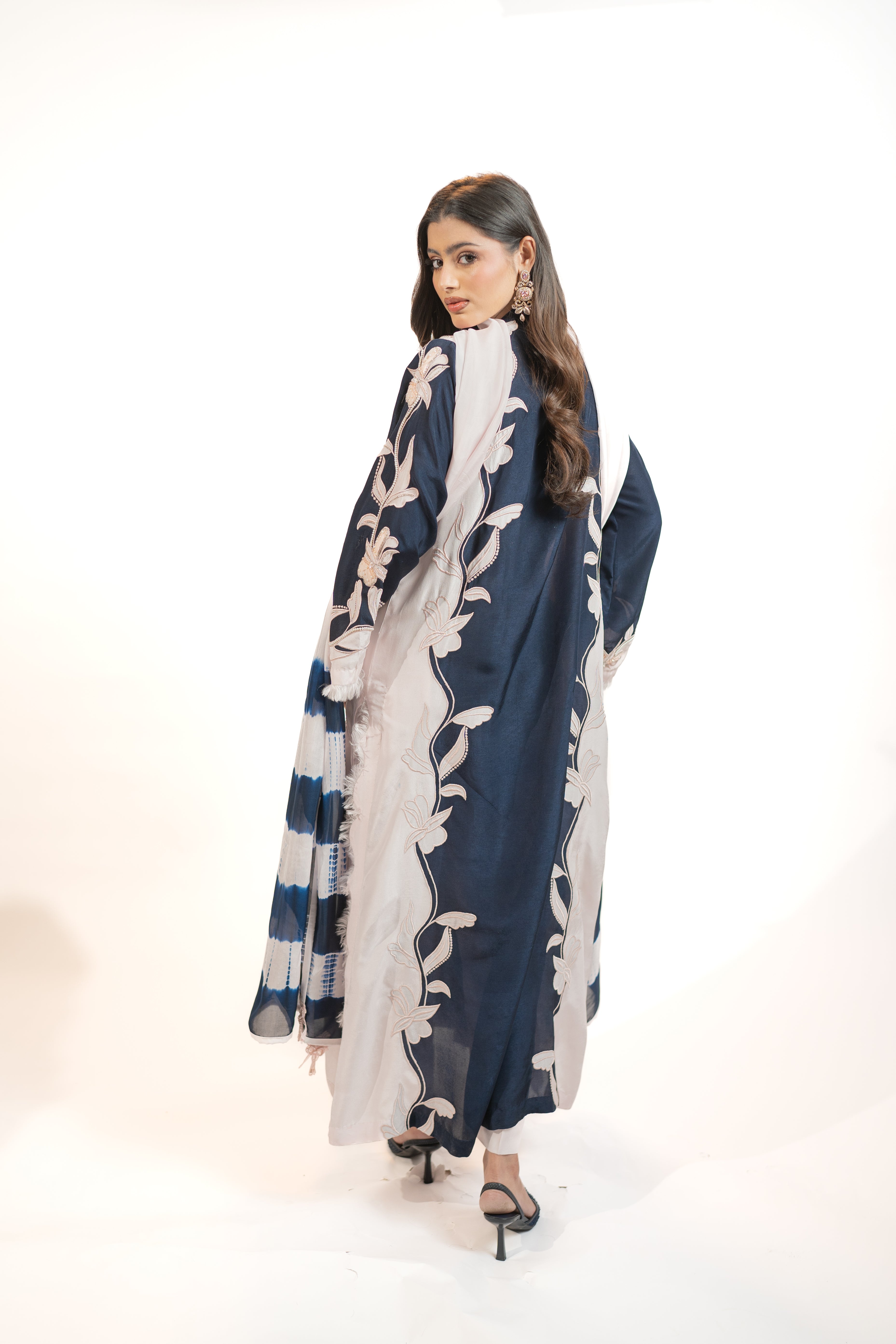 Navy & Baby Pink 3PC Appliqué Shirt Set with 3D Sequin Work & Tie-Dye Dupatta