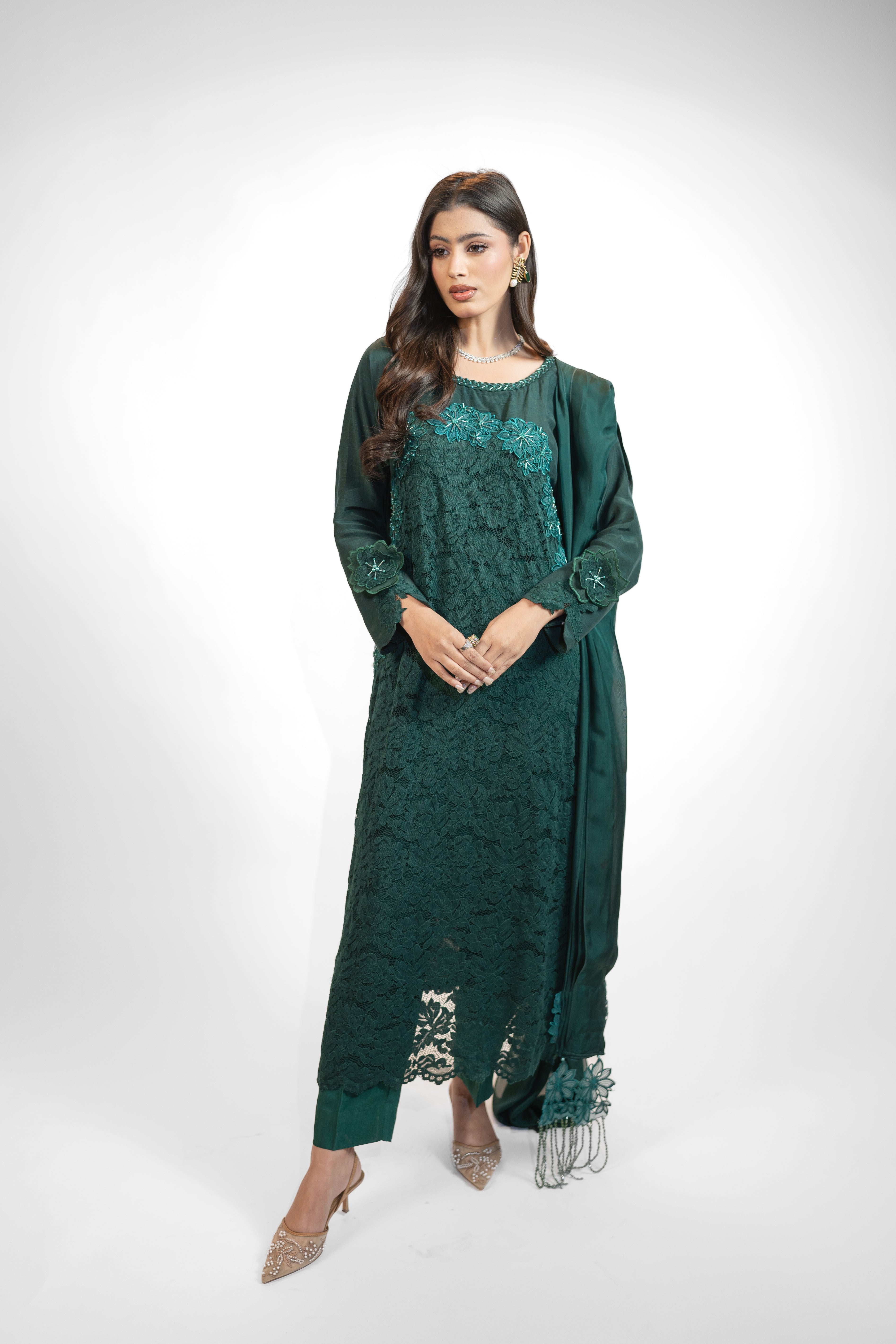 Chantelle 3PC Dress with Floral Embroidered Appliqué & Adda Work – Scalloped Finish