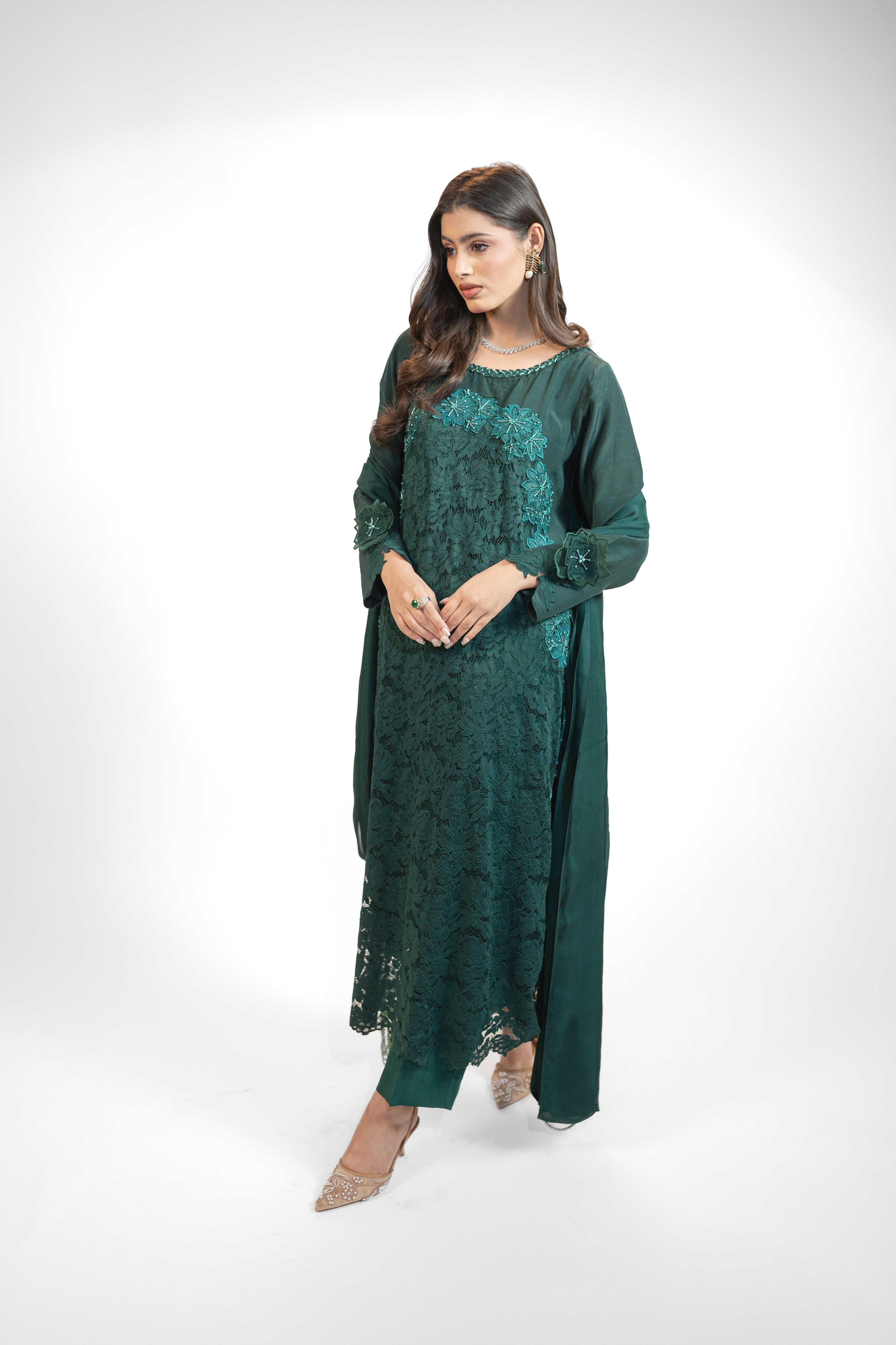 Chantelle 3PC Dress with Floral Embroidered Appliqué & Adda Work – Scalloped Finish