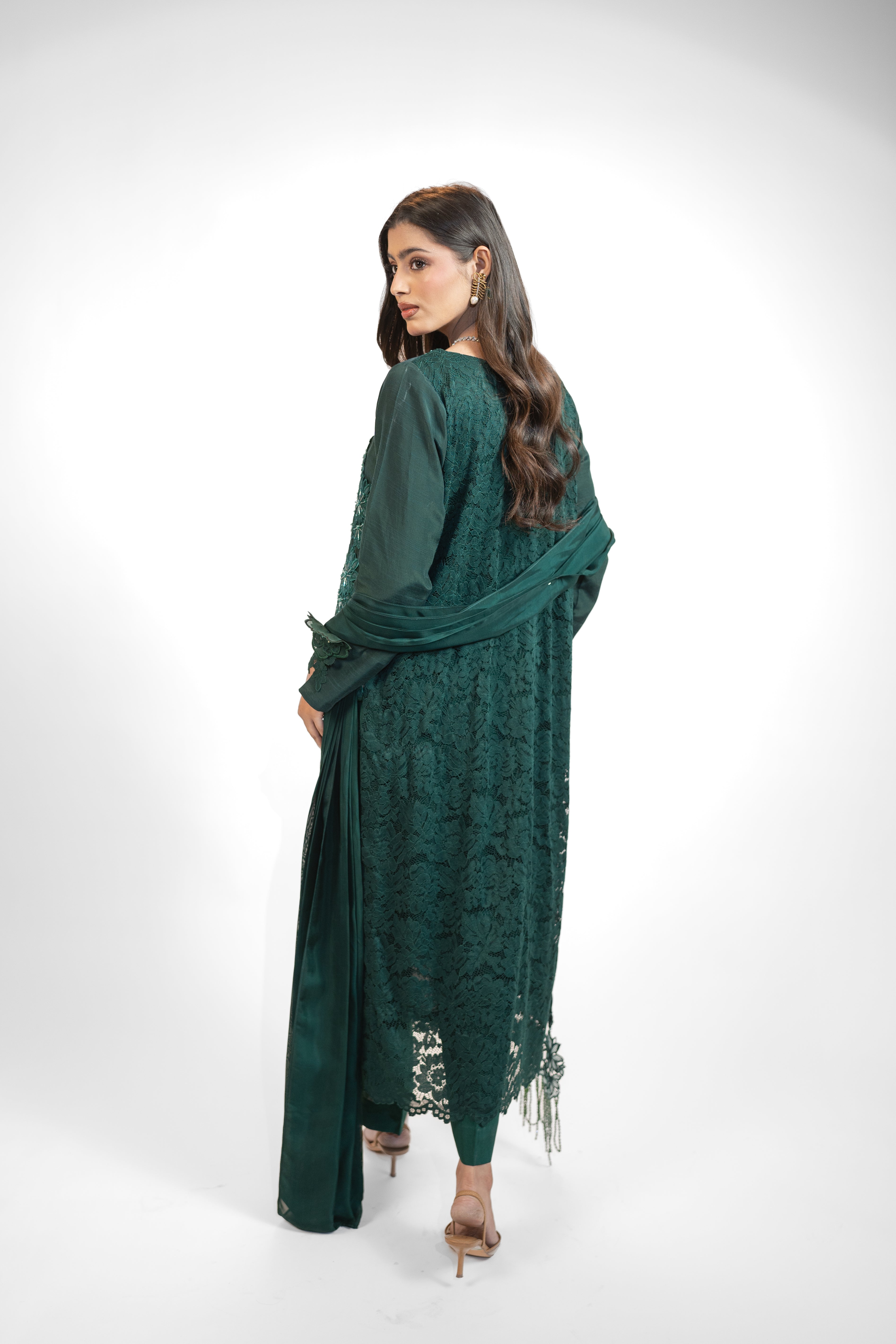 Chantelle 3PC Dress with Floral Embroidered Appliqué & Adda Work – Scalloped Finish