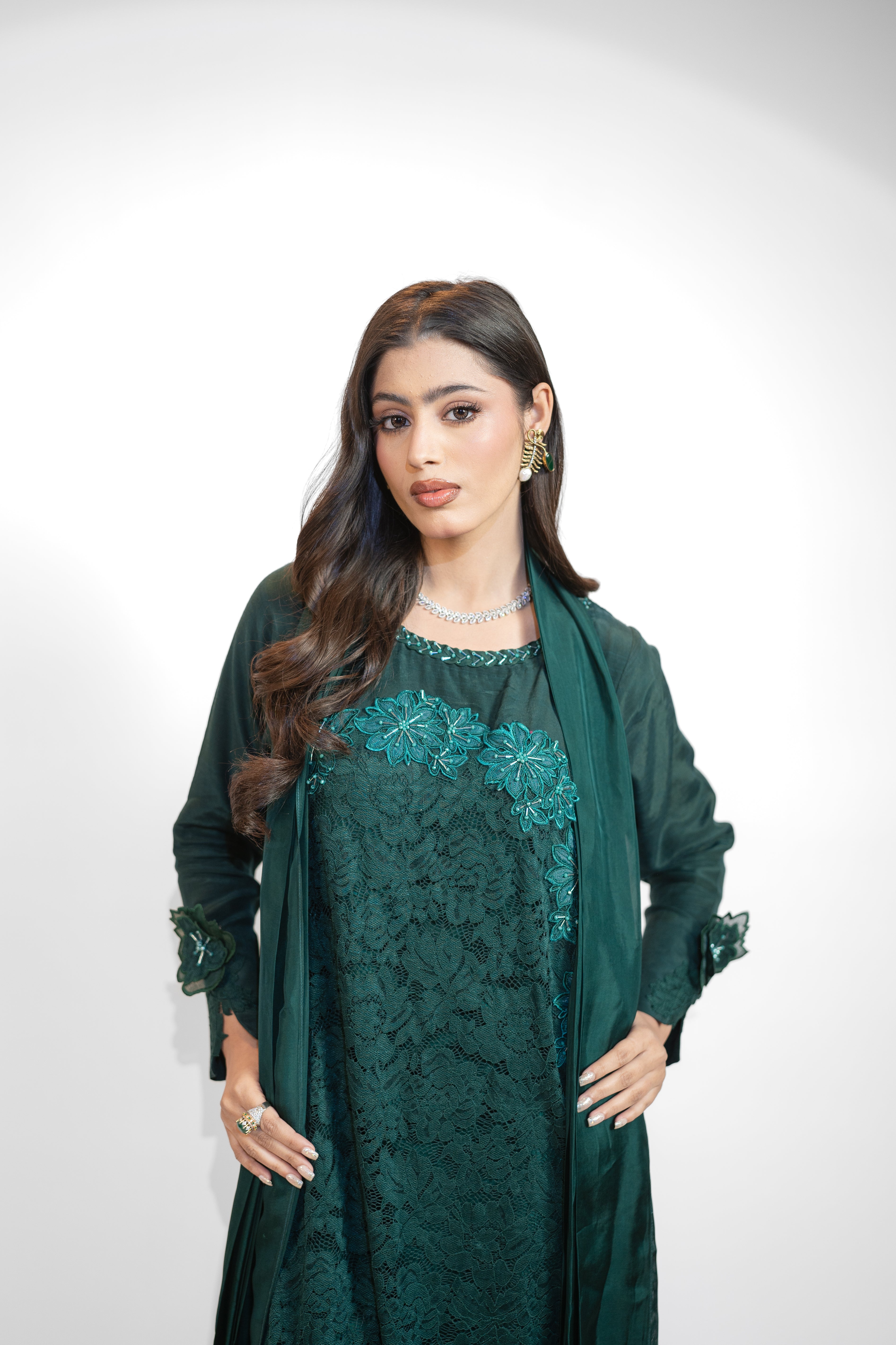 Chantelle 3PC Dress with Floral Embroidered Appliqué & Adda Work – Scalloped Finish