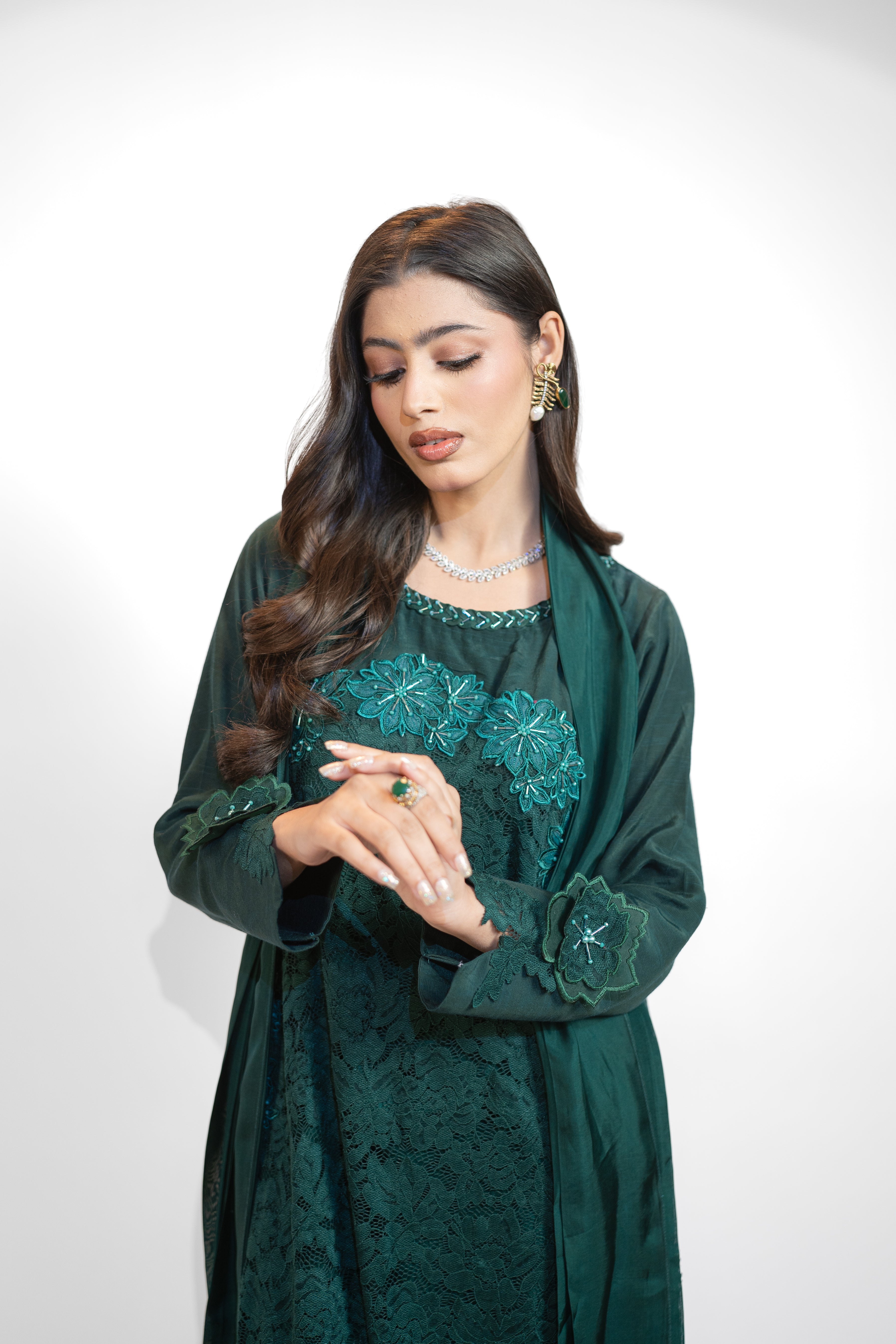 Chantelle 3PC Dress with Floral Embroidered Appliqué & Adda Work – Scalloped Finish