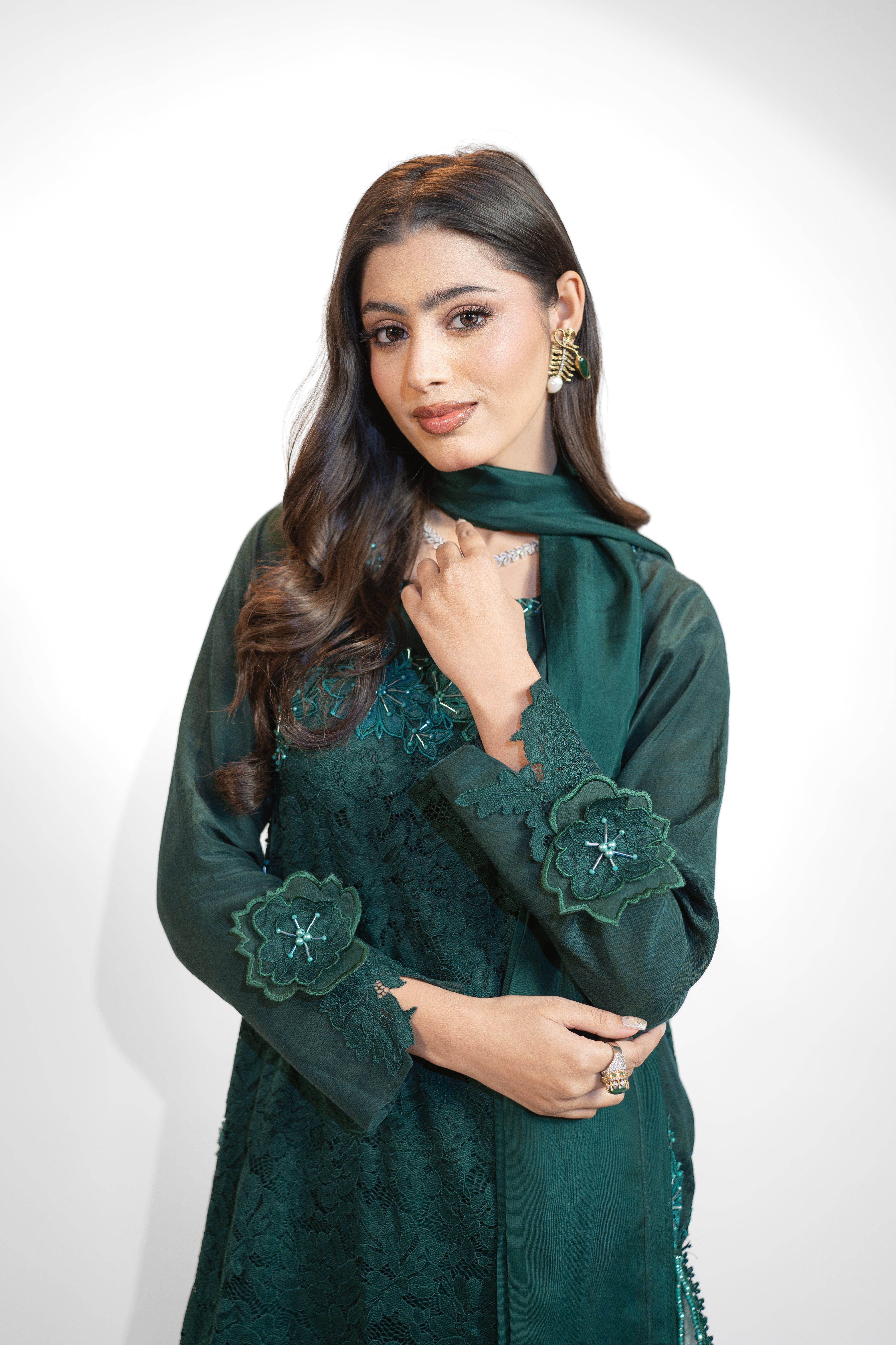 Chantelle 3PC Dress with Floral Embroidered Appliqué & Adda Work – Scalloped Finish