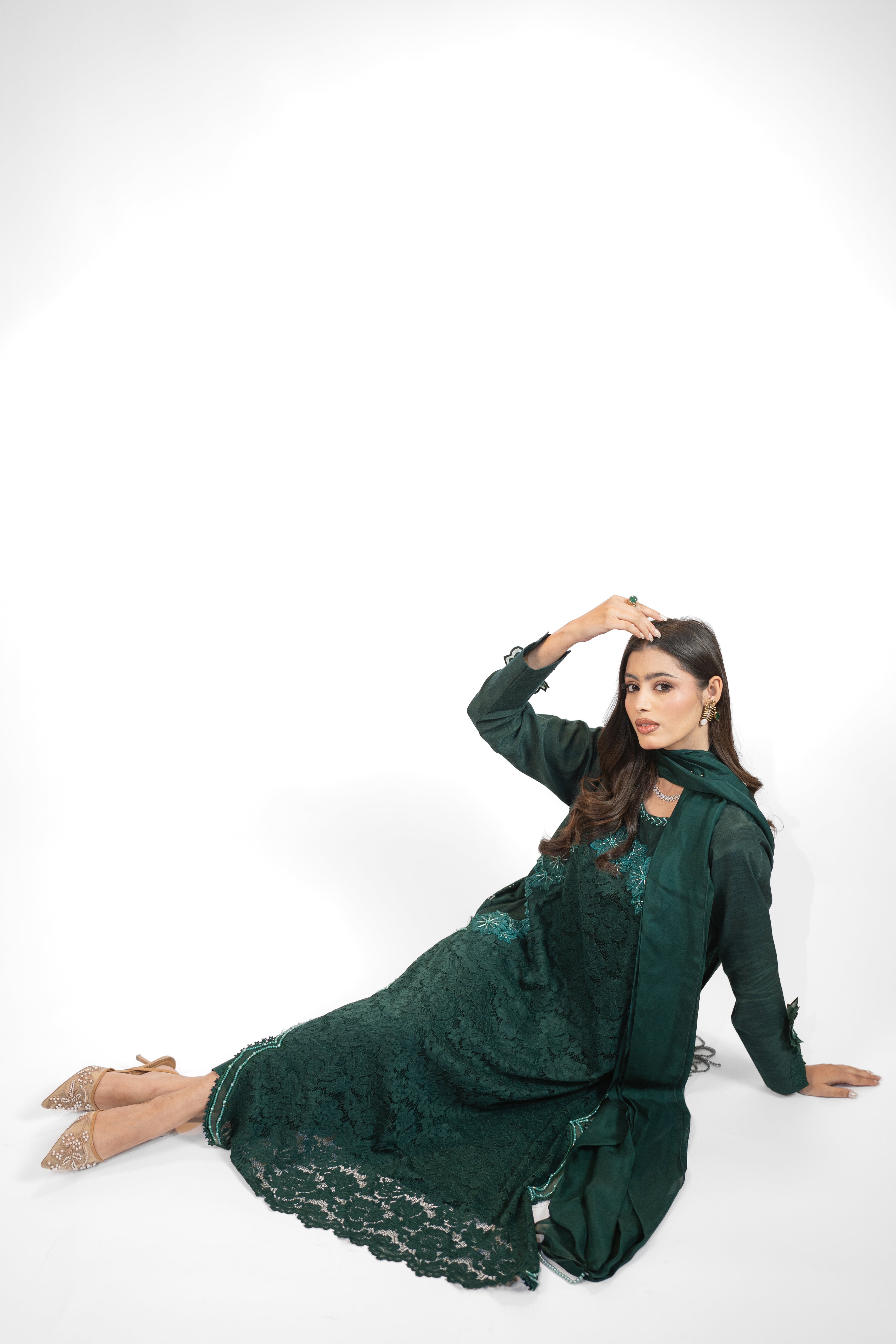 Chantelle 3PC Dress with Floral Embroidered Appliqué & Adda Work – Scalloped Finish