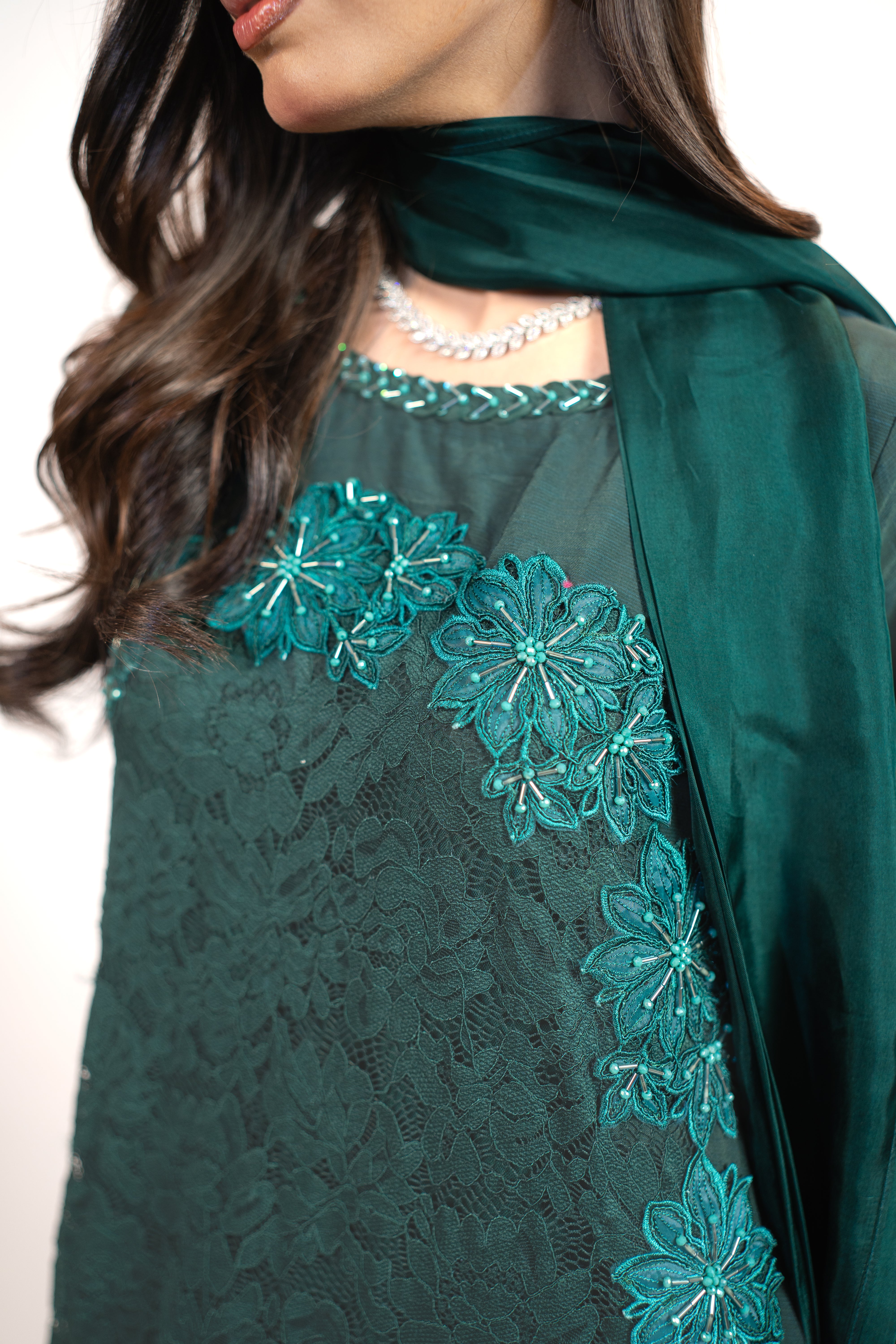 Chantelle 3PC Dress with Floral Embroidered Appliqué & Adda Work – Scalloped Finish