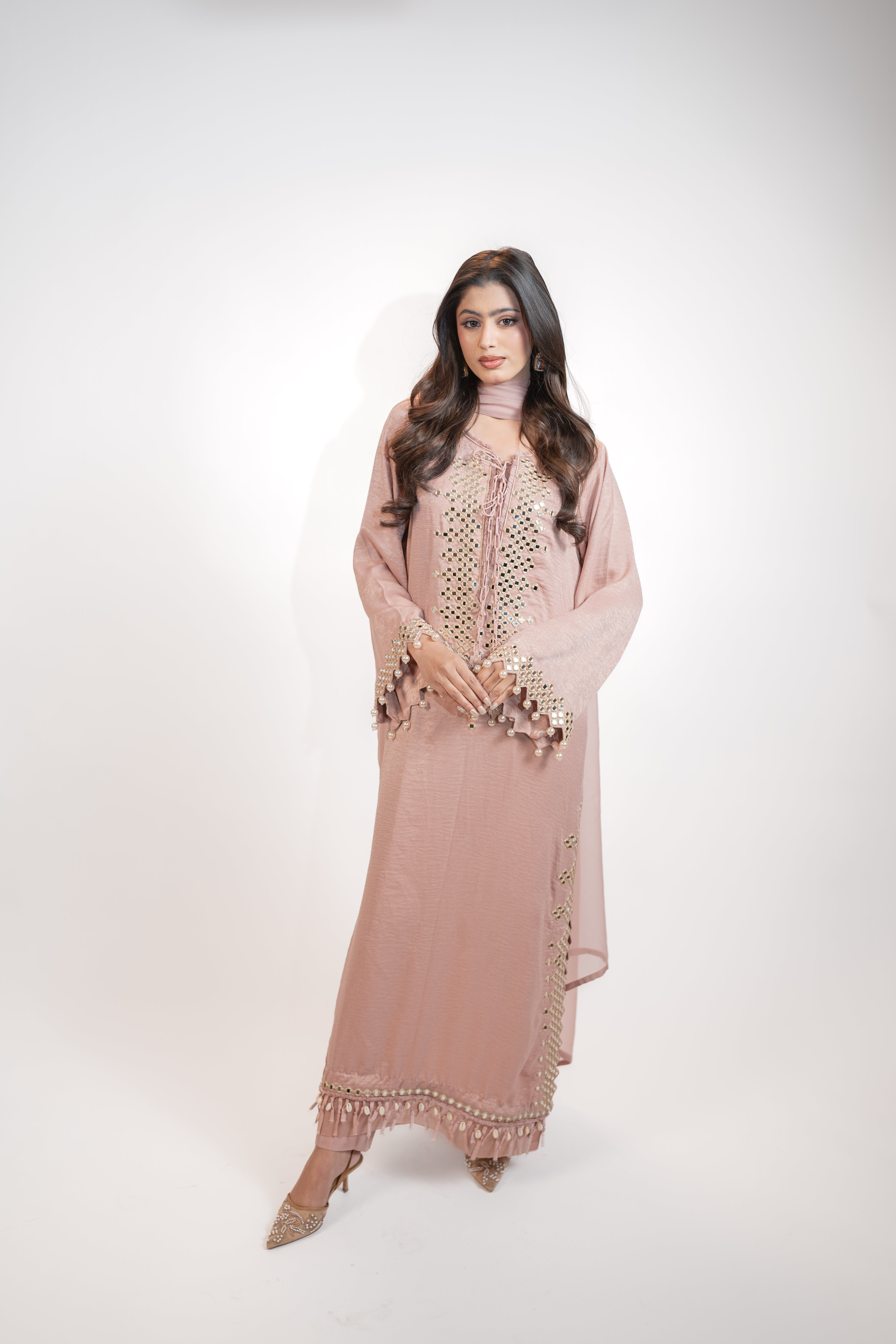 Powder Pink Self Silk 3PC Dress Set with Mirror Work & Tassel Detail