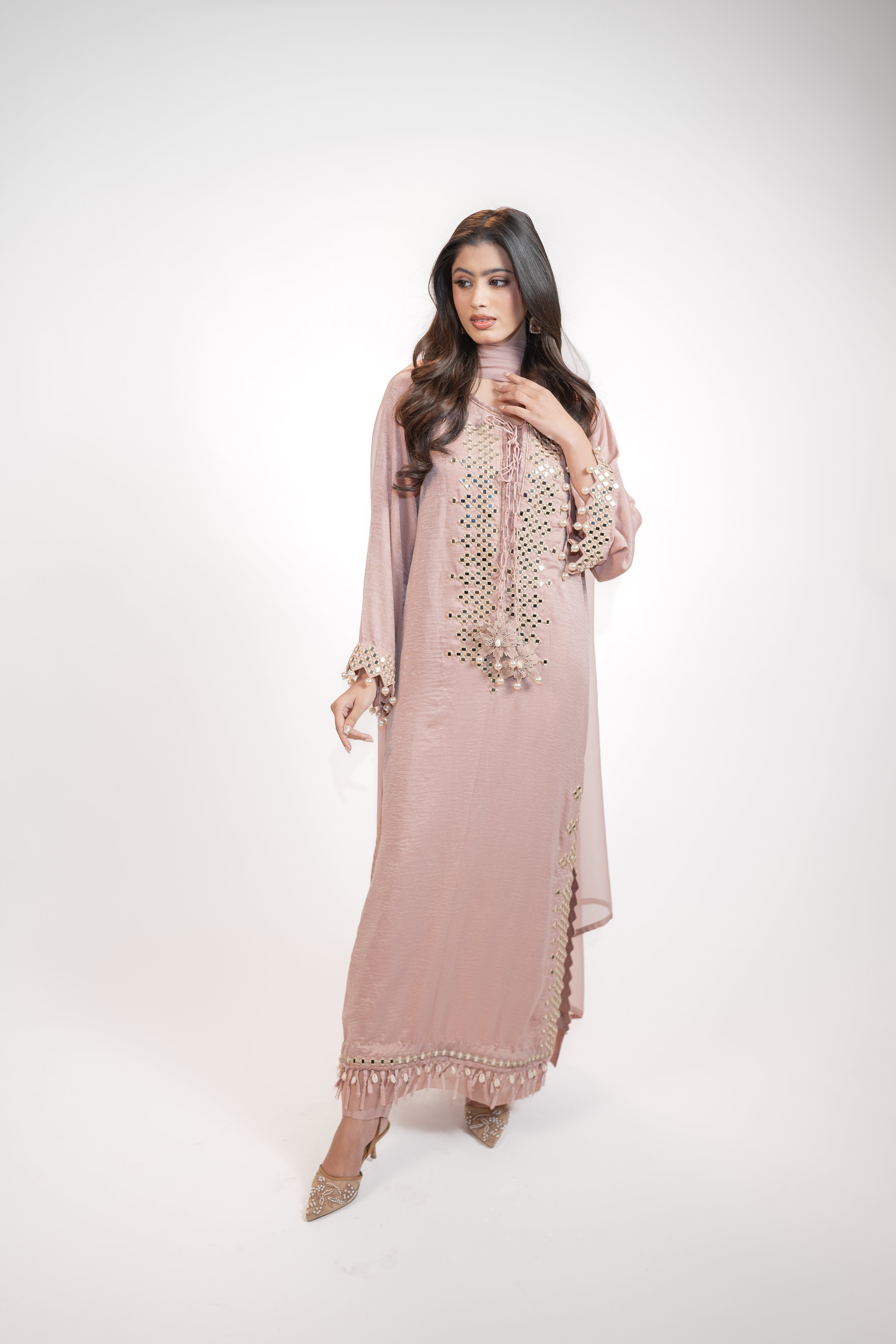 Powder Pink Self Silk 3PC Dress Set with Mirror Work & Tassel Detail