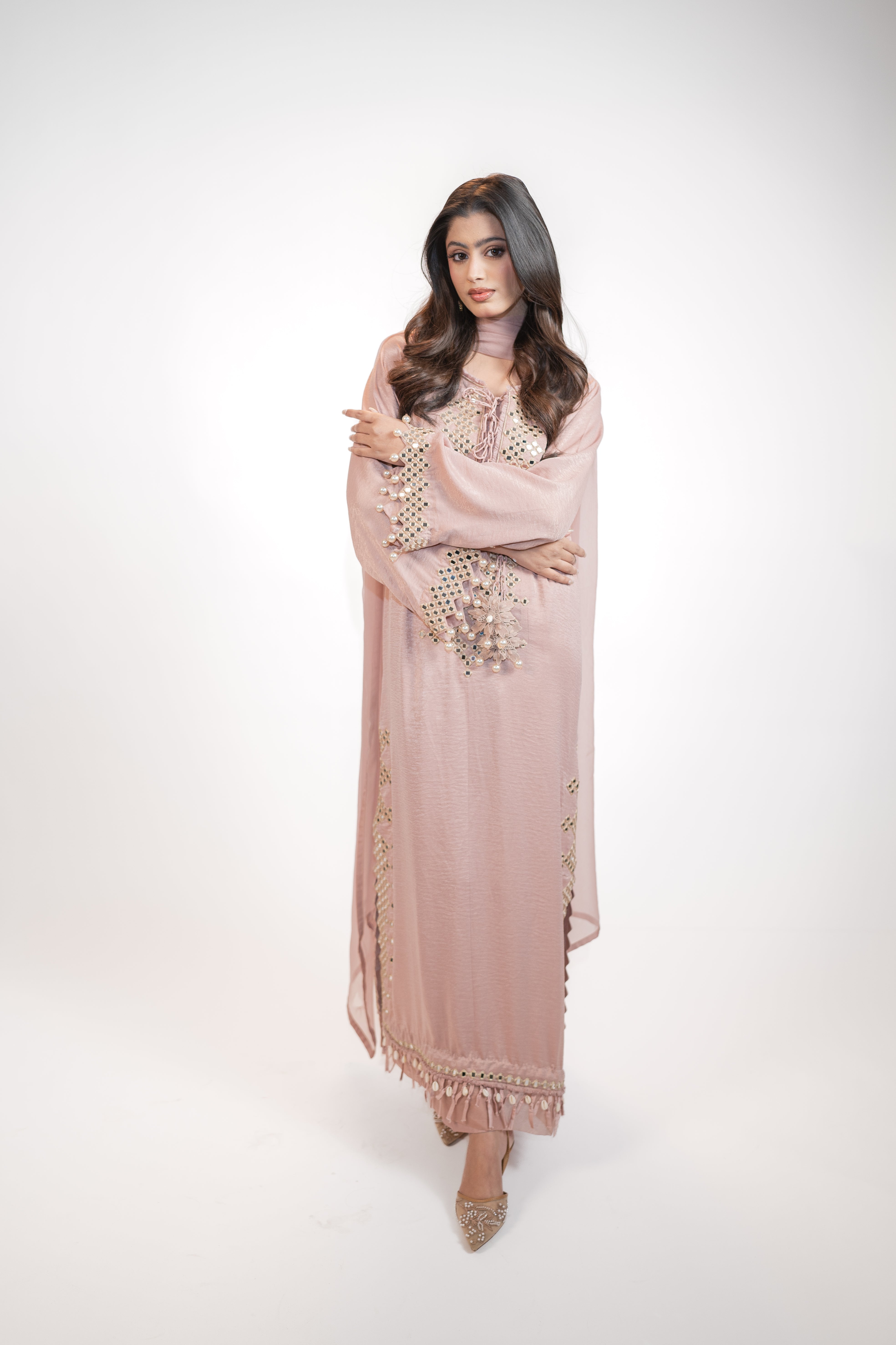 Powder Pink Self Silk 3PC Dress Set with Mirror Work & Tassel Detail