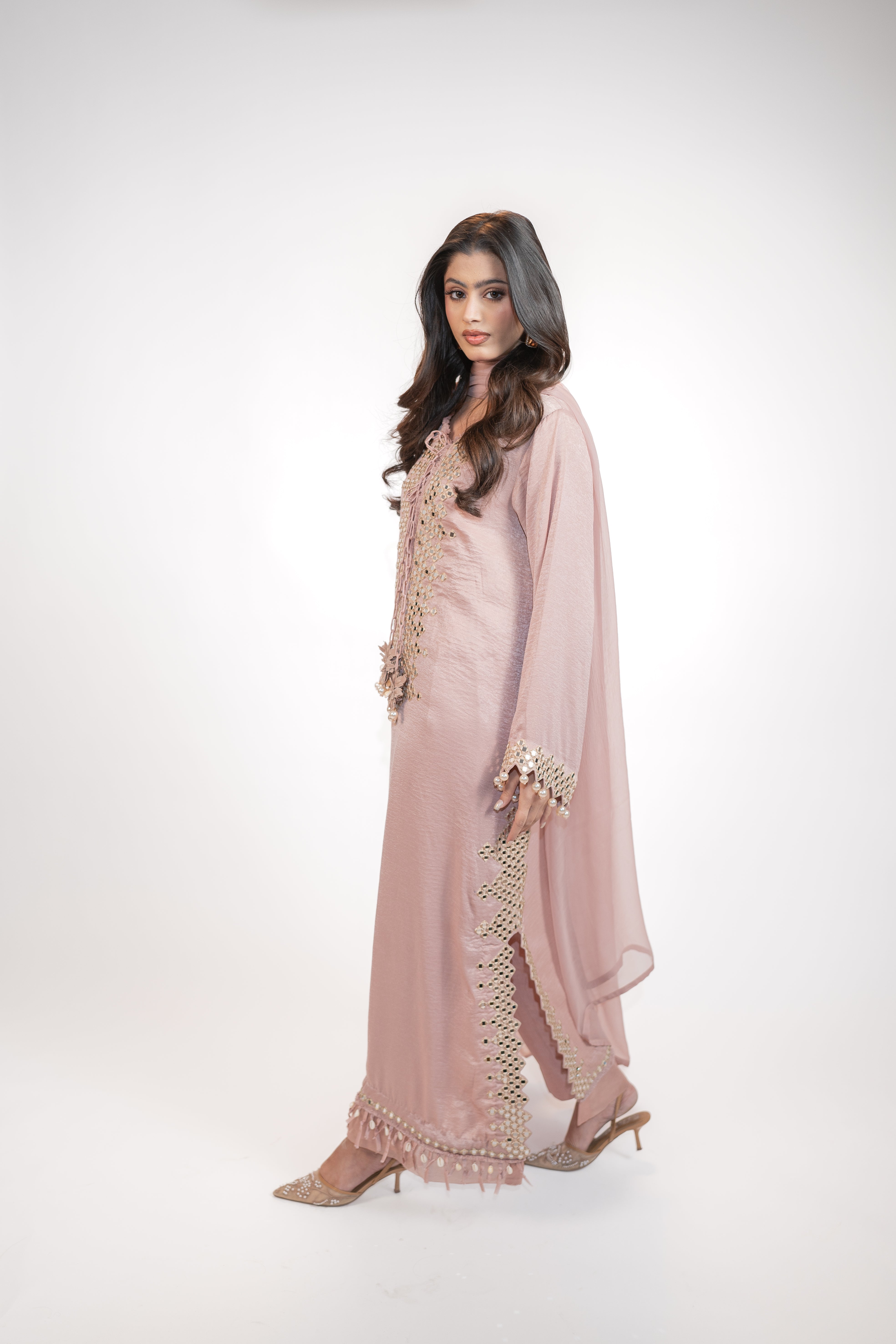 Powder Pink Self Silk 3PC Dress Set with Mirror Work & Tassel Detail