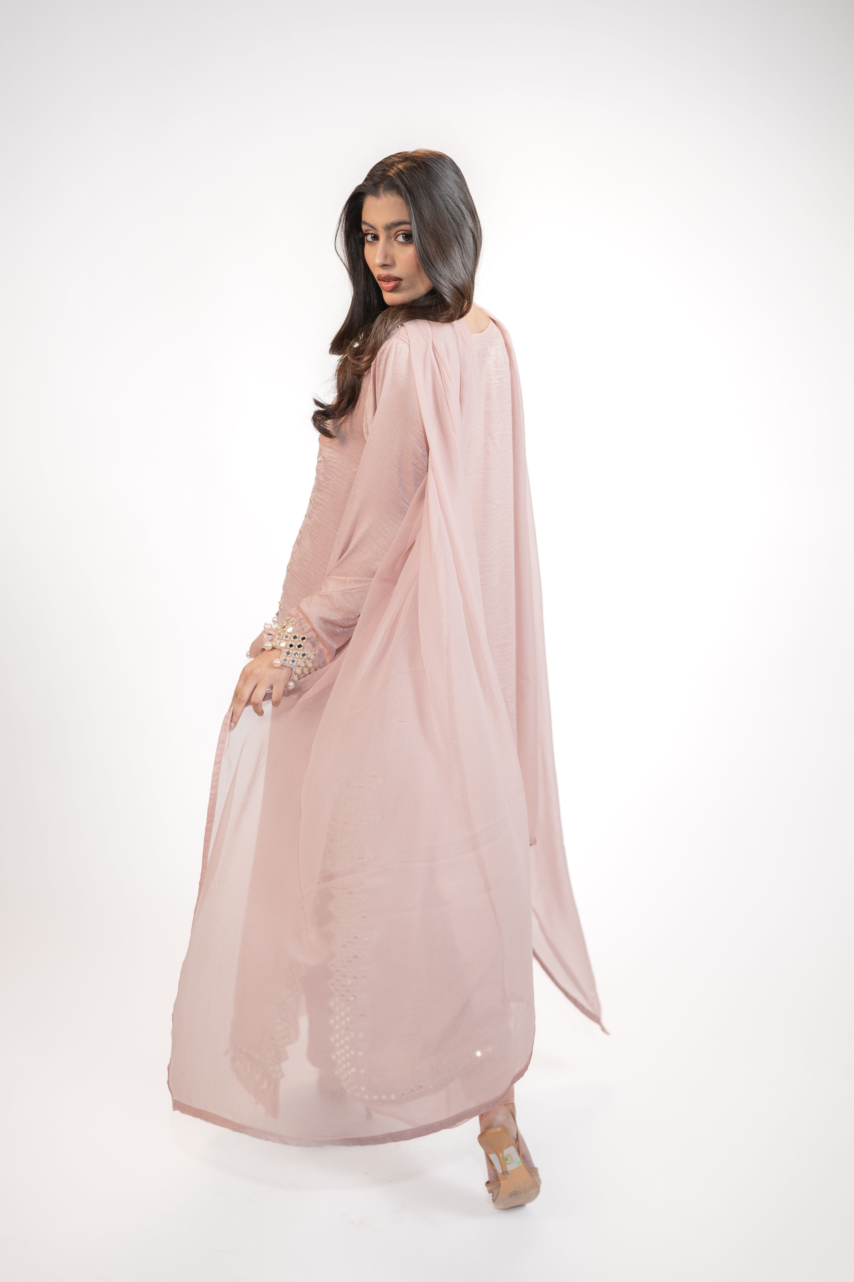 Powder Pink Self Silk 3PC Dress Set with Mirror Work & Tassel Detail