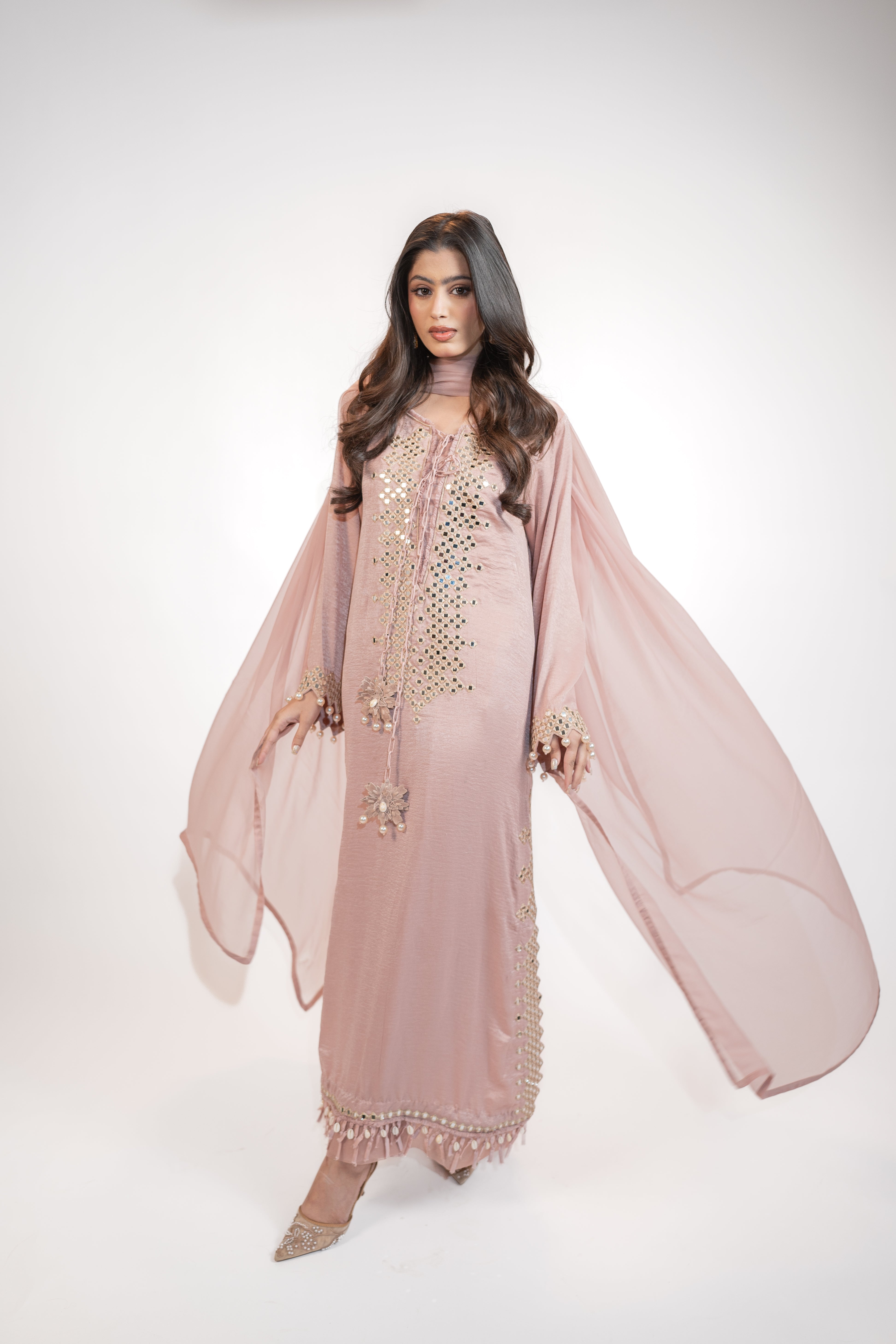 Powder Pink Self Silk 3PC Dress Set with Mirror Work & Tassel Detail