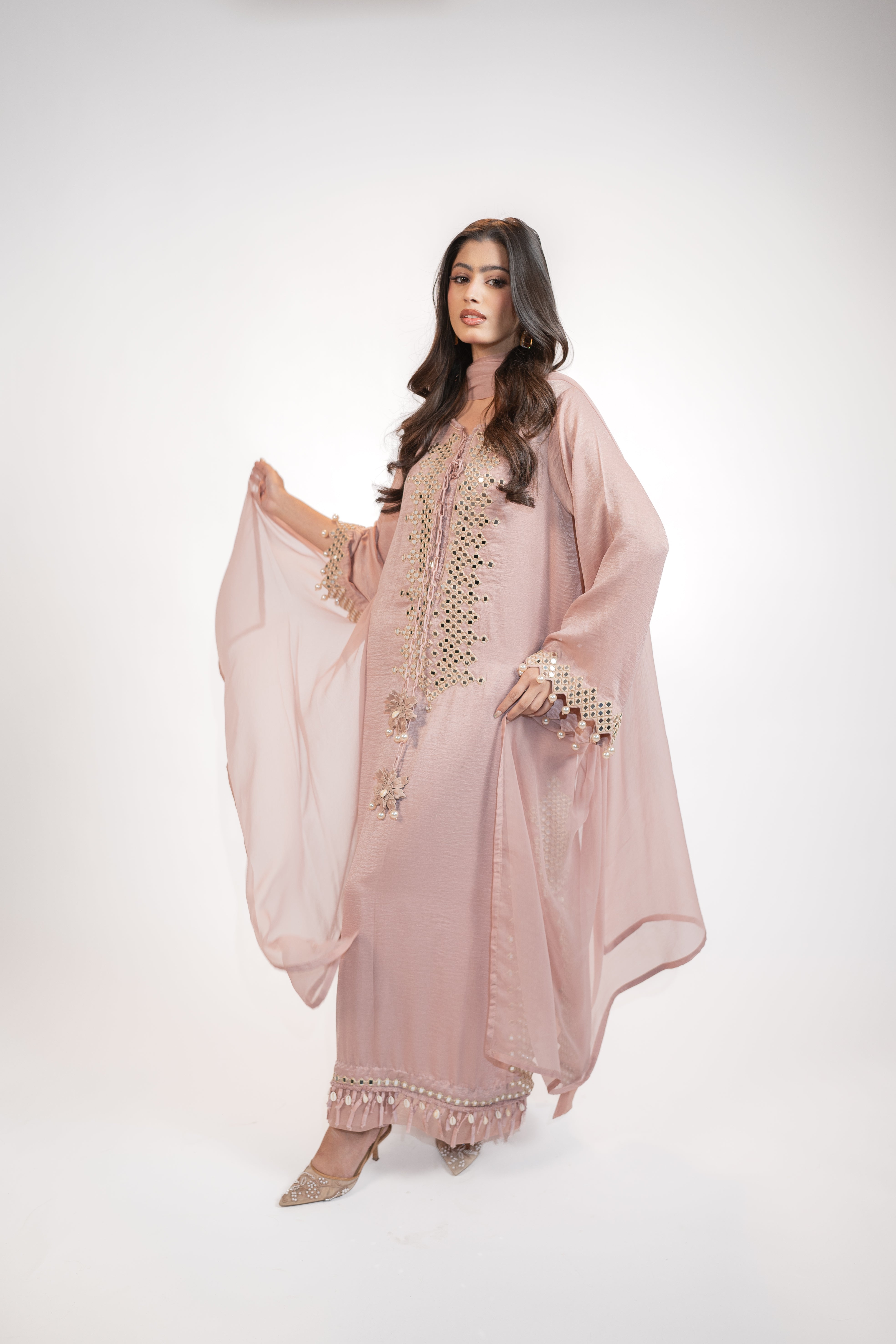 Powder Pink Self Silk 3PC Dress Set with Mirror Work & Tassel Detail