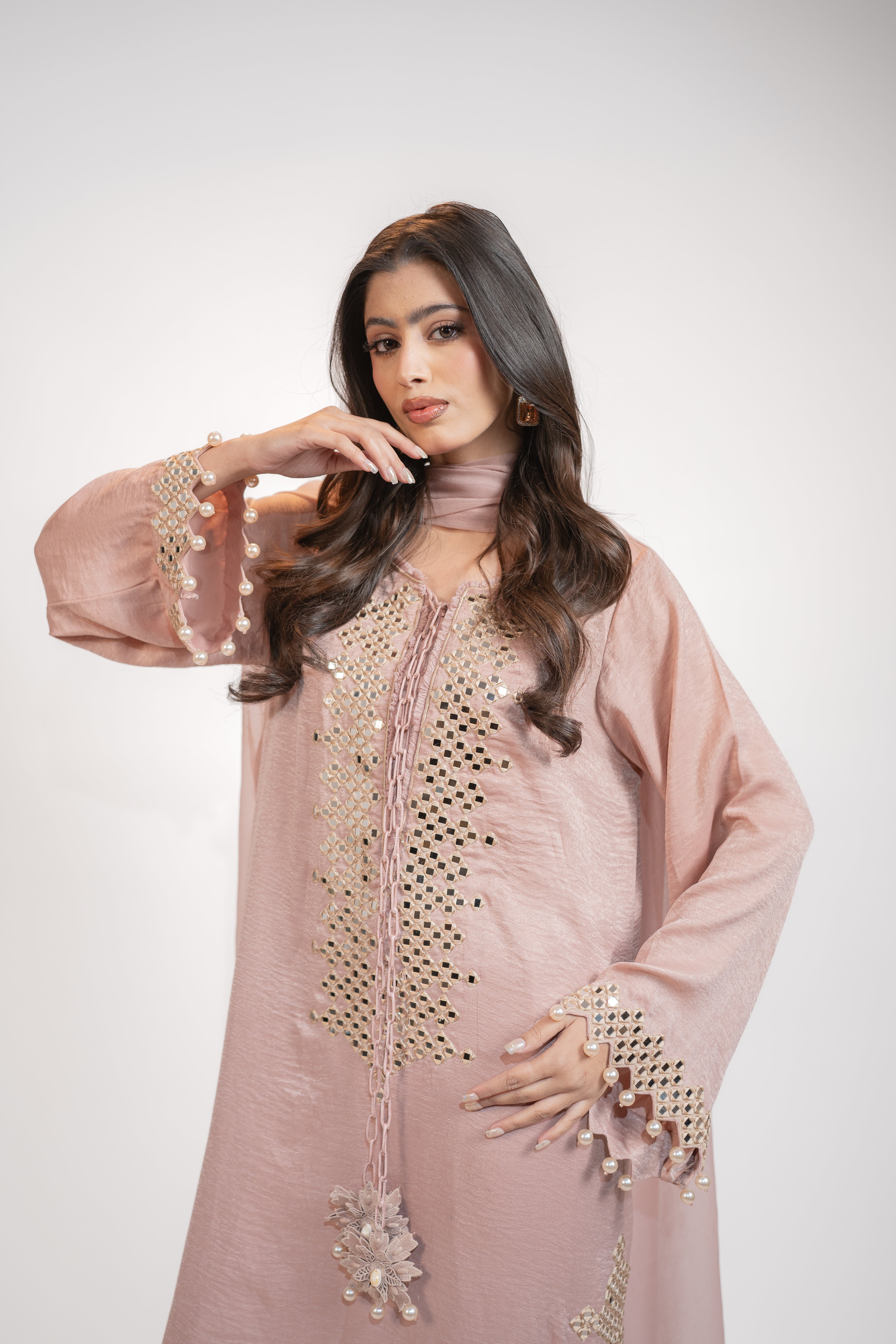 Powder Pink Self Silk 3PC Dress Set with Mirror Work & Tassel Detail