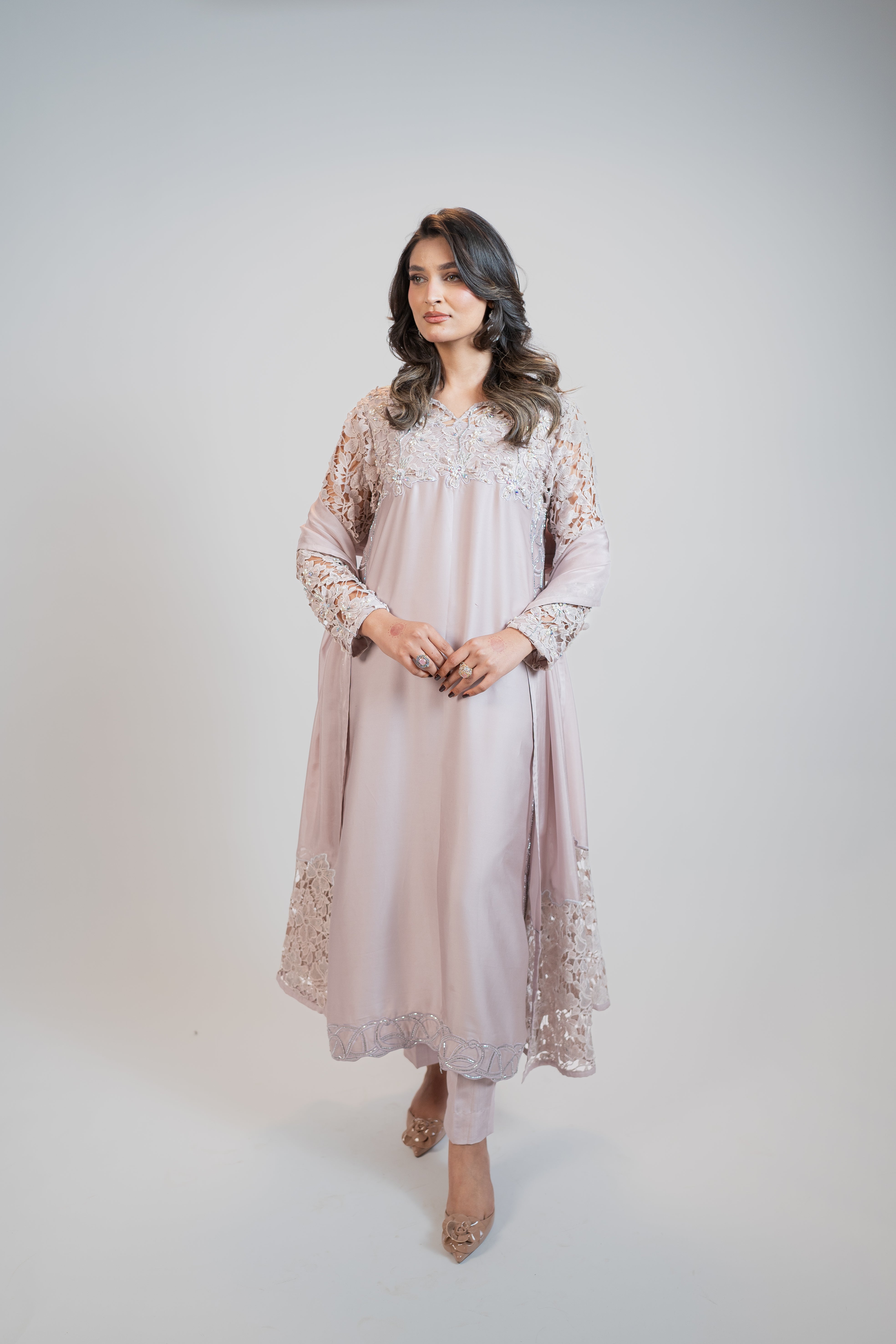 Dusty Champagne Pure Tussel Silk 3PC Dress with 3D Embroidery & Crystal Embellishments