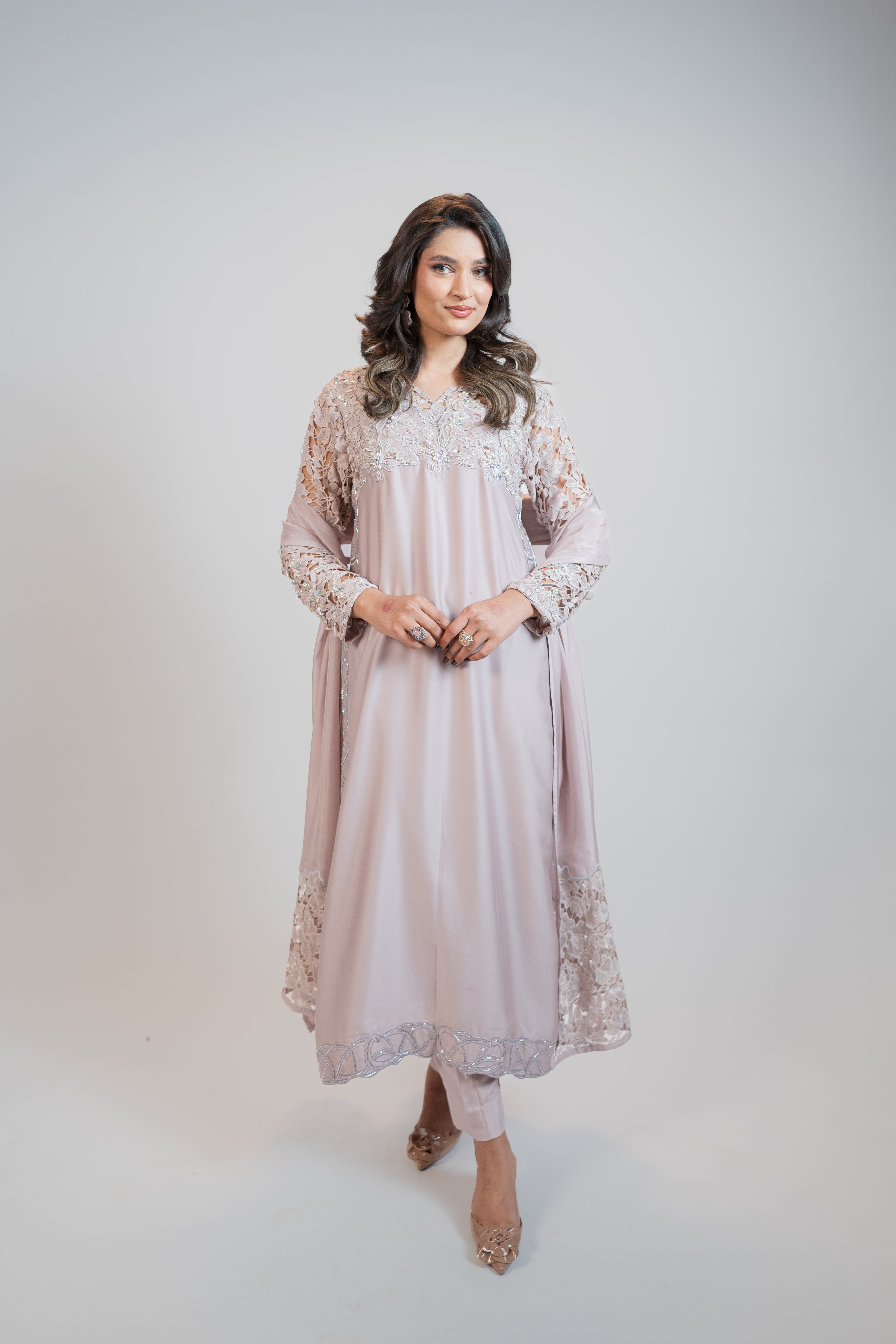 Dusty Champagne Pure Tussel Silk 3PC Dress with 3D Embroidery & Crystal Embellishments