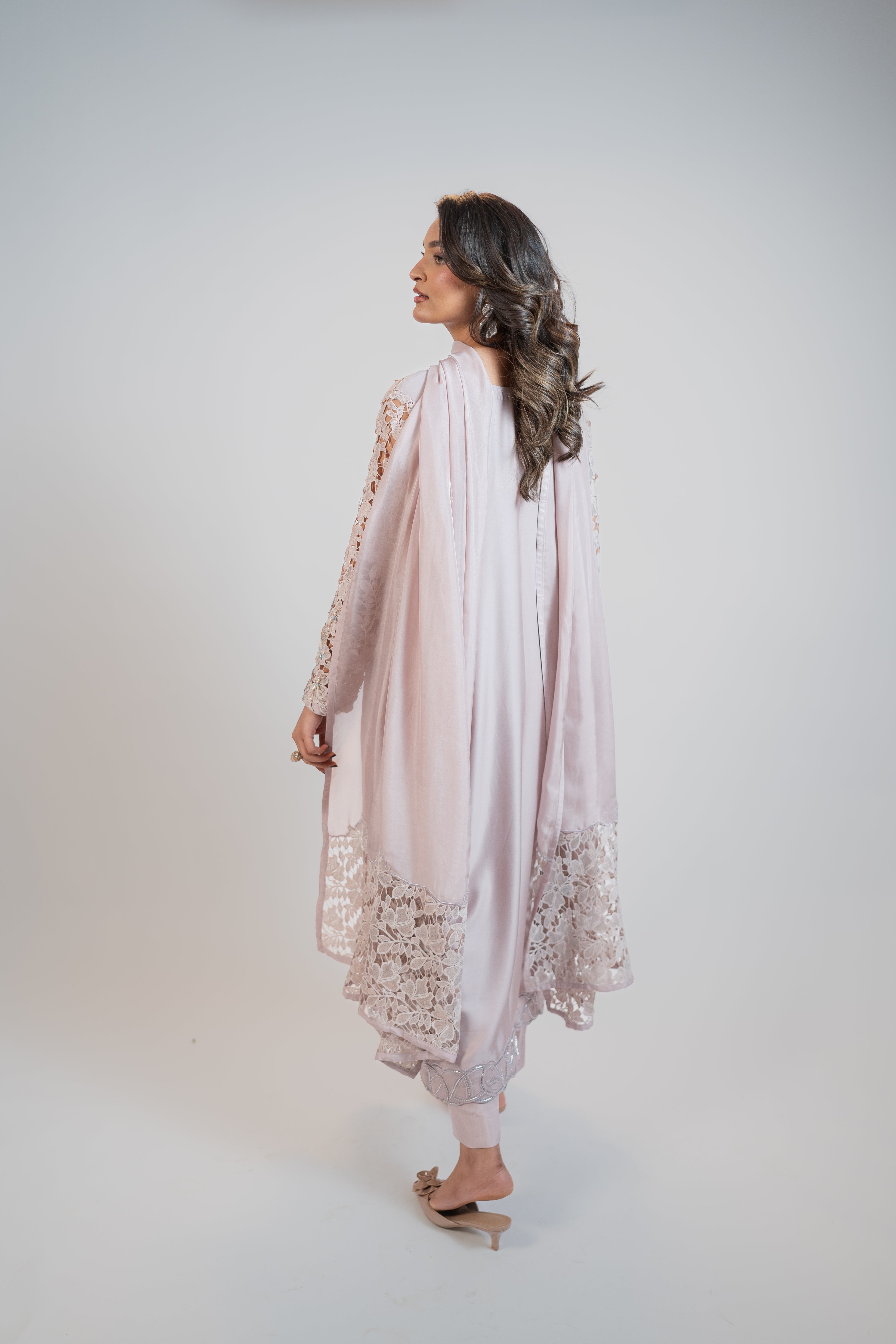 Dusty Champagne Pure Tussel Silk 3PC Dress with 3D Embroidery & Crystal Embellishments