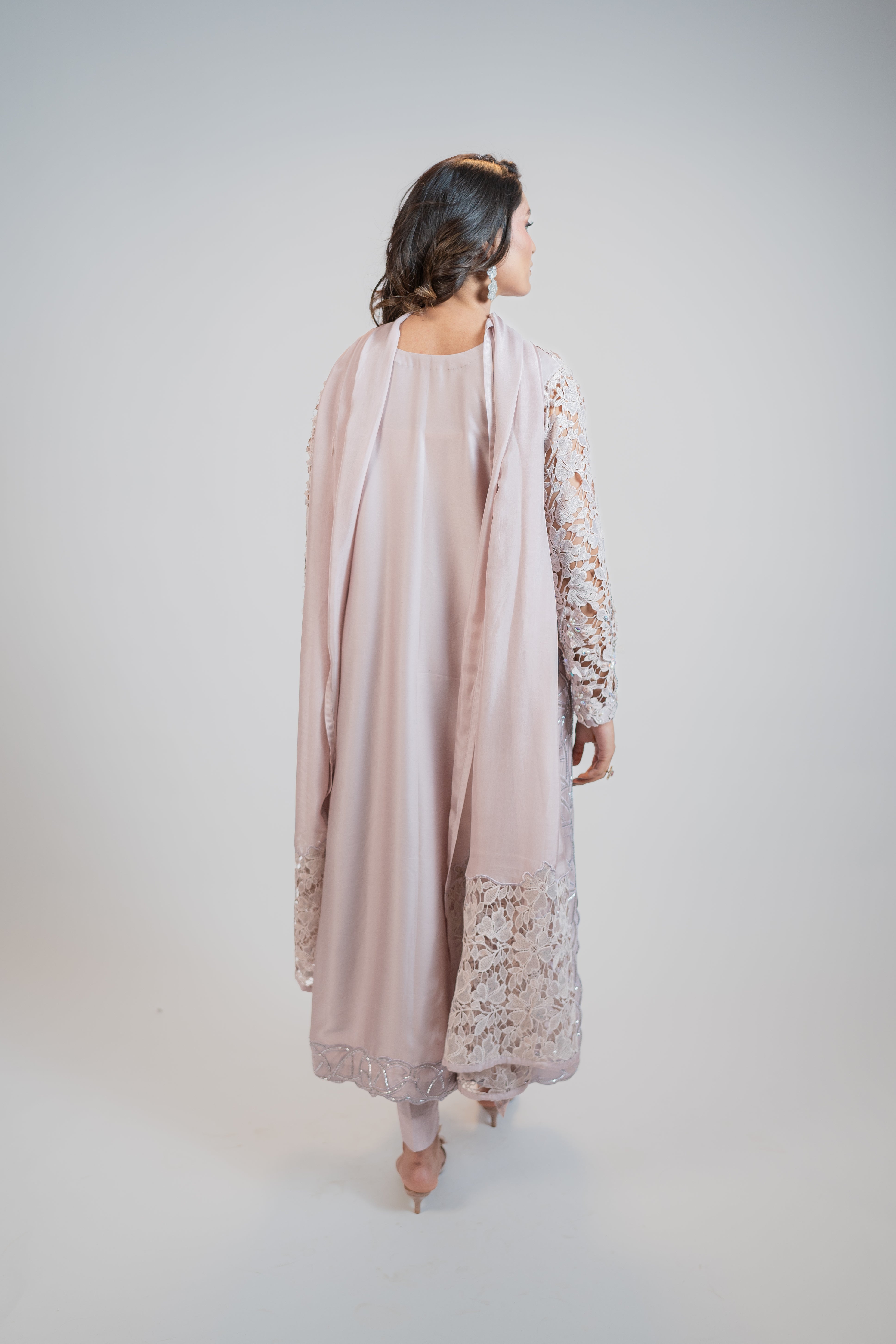 Dusty Champagne Pure Tussel Silk 3PC Dress with 3D Embroidery & Crystal Embellishments