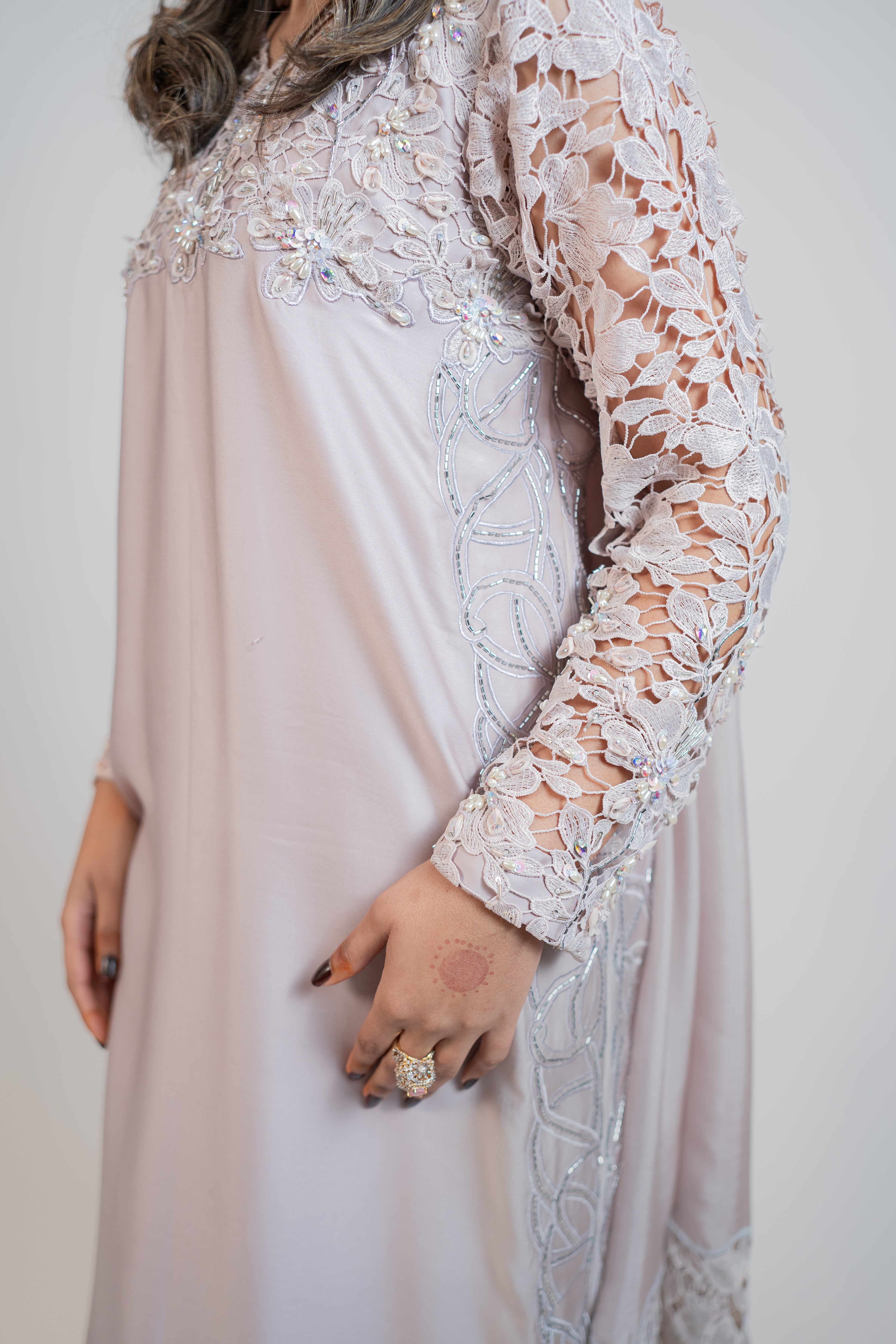 Dusty Champagne Pure Tussel Silk 3PC Dress with 3D Embroidery & Crystal Embellishments