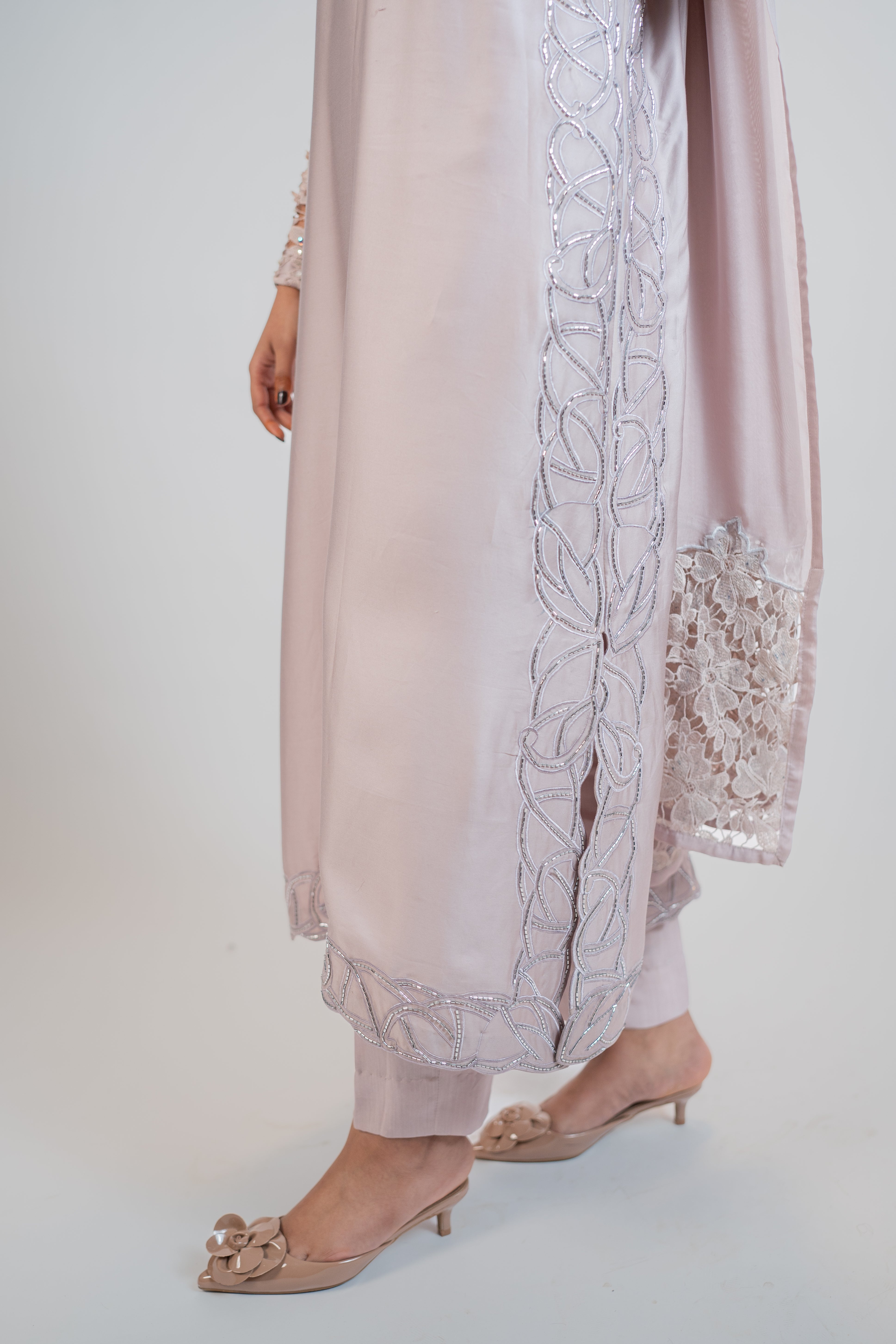 Dusty Champagne Pure Tussel Silk 3PC Dress with 3D Embroidery & Crystal Embellishments