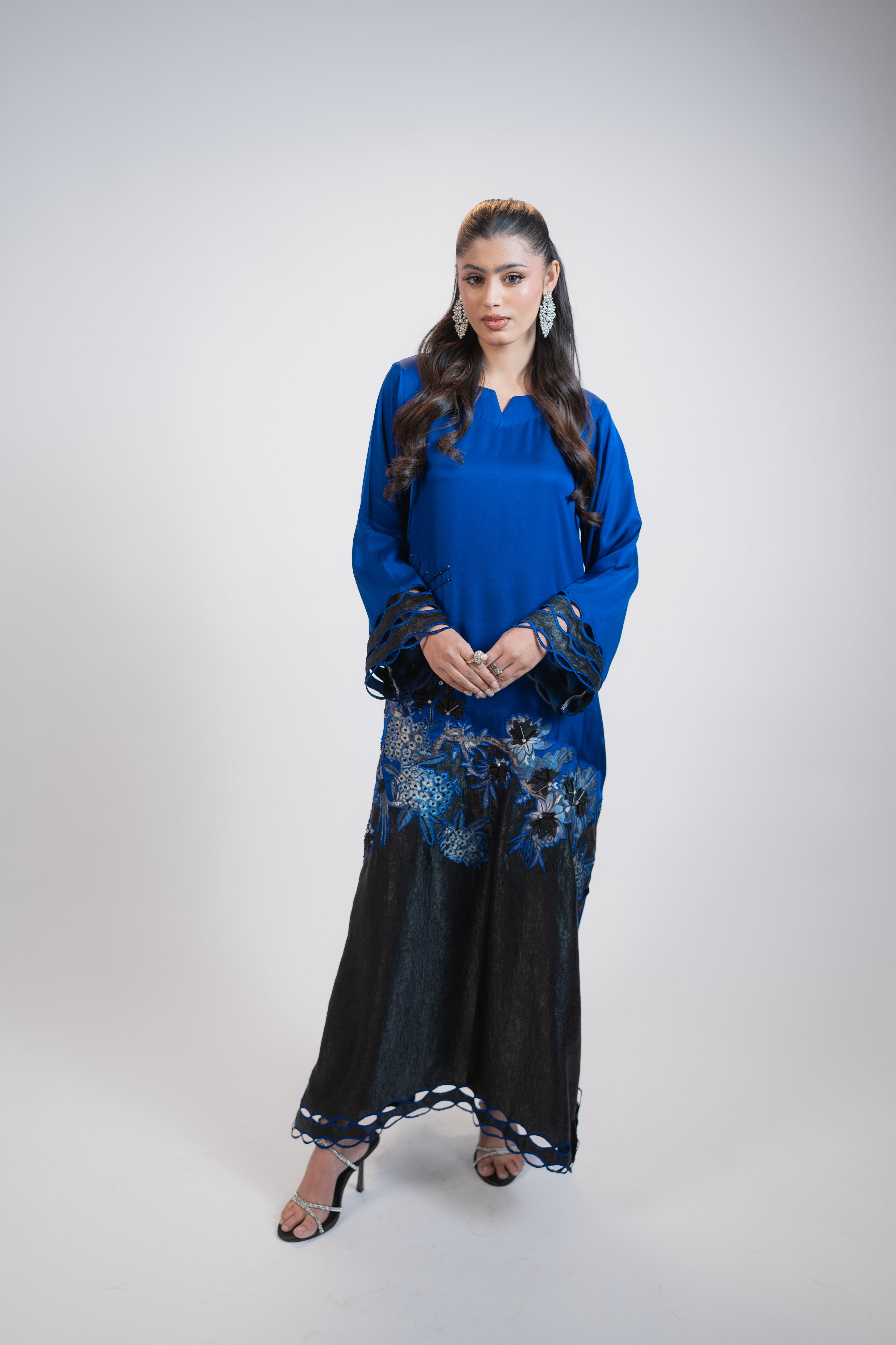 Blue & Black Silk 2 Piece Dress with Crystal Embroidery and 3D Floral Appliqué – Designer Party Wear Set