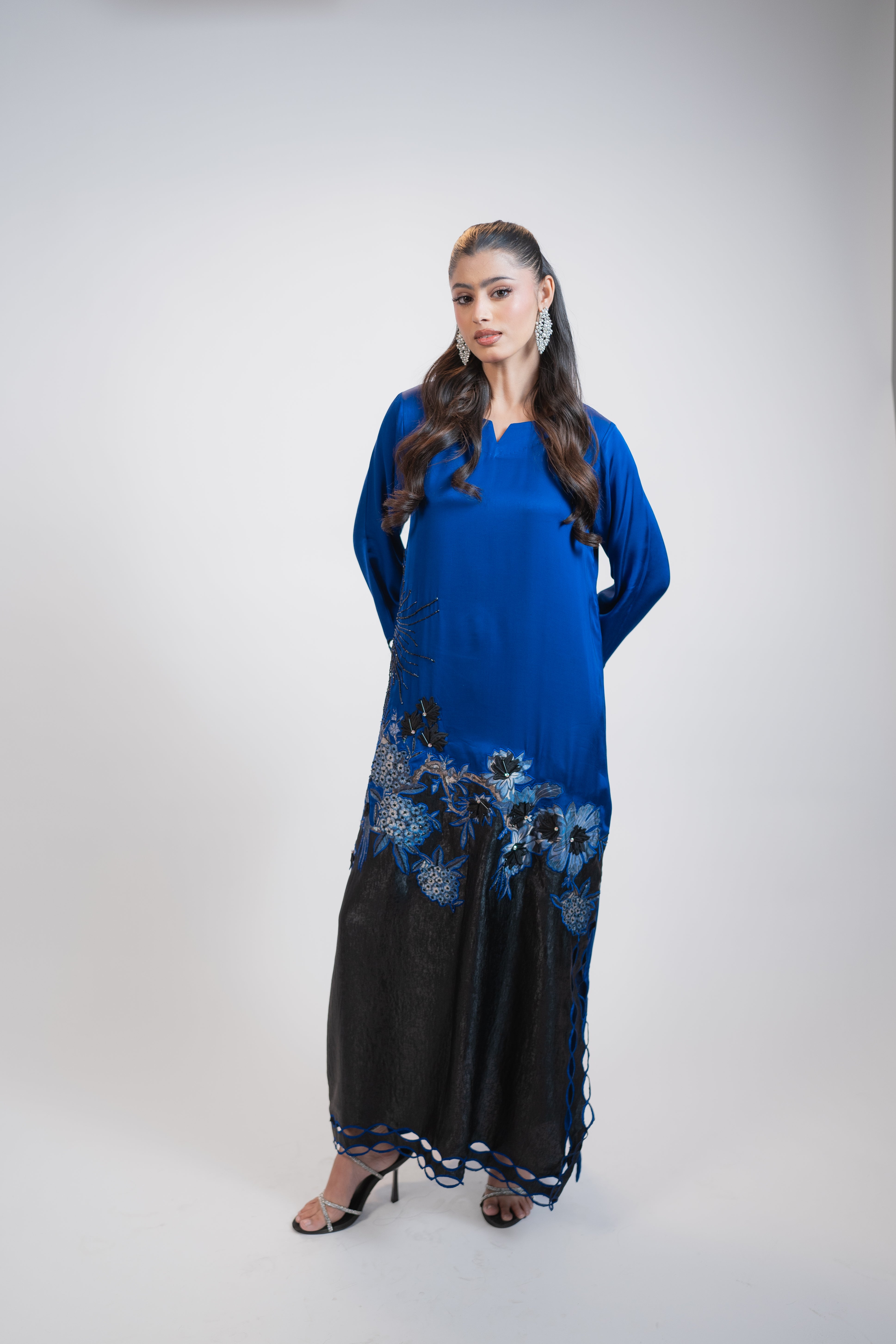 Blue & Black Silk 2 Piece Dress with Crystal Embroidery and 3D Floral Appliqué – Designer Party Wear Set