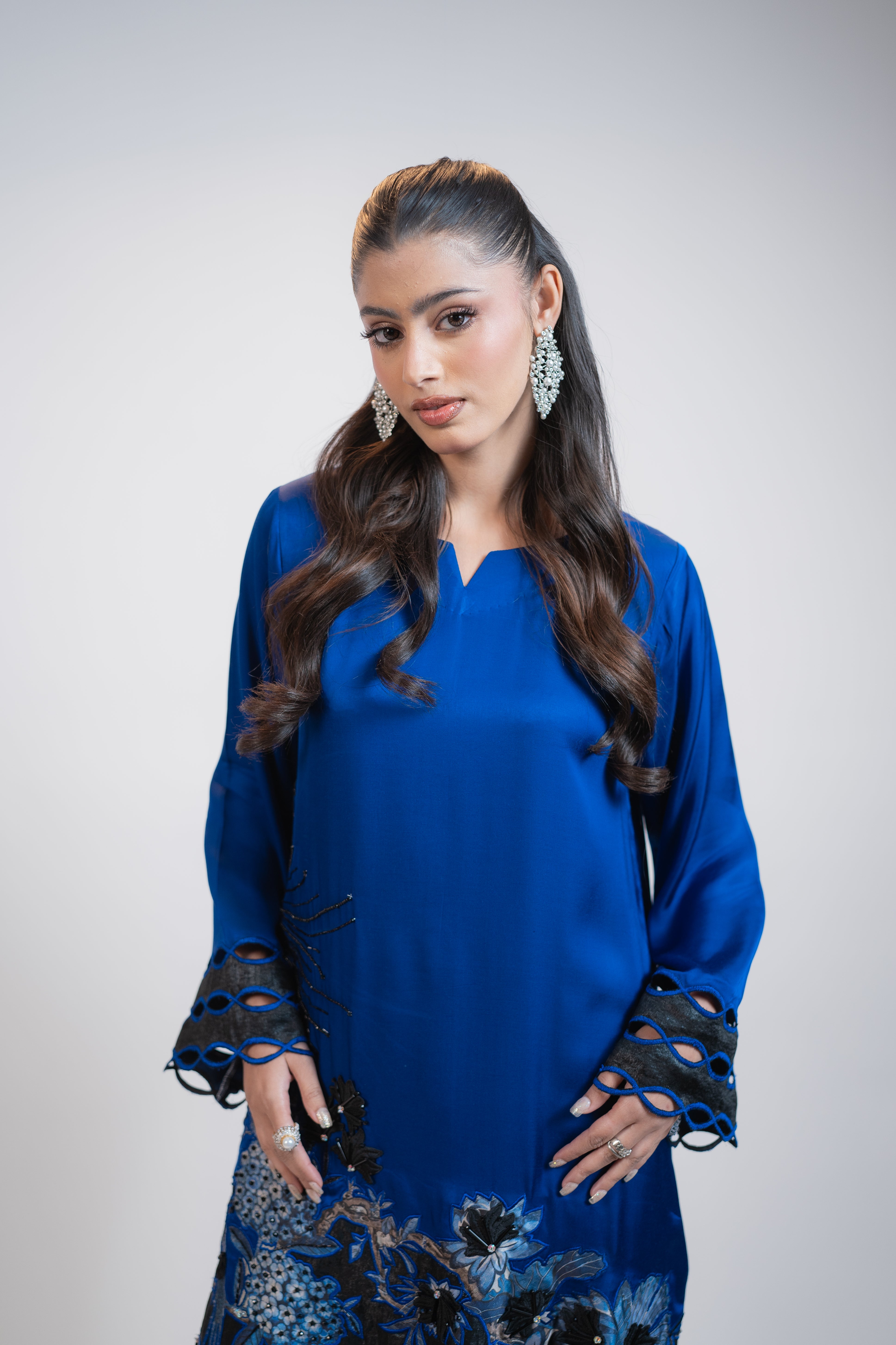 Blue & Black Silk 2 Piece Dress with Crystal Embroidery and 3D Floral Appliqué – Designer Party Wear Set