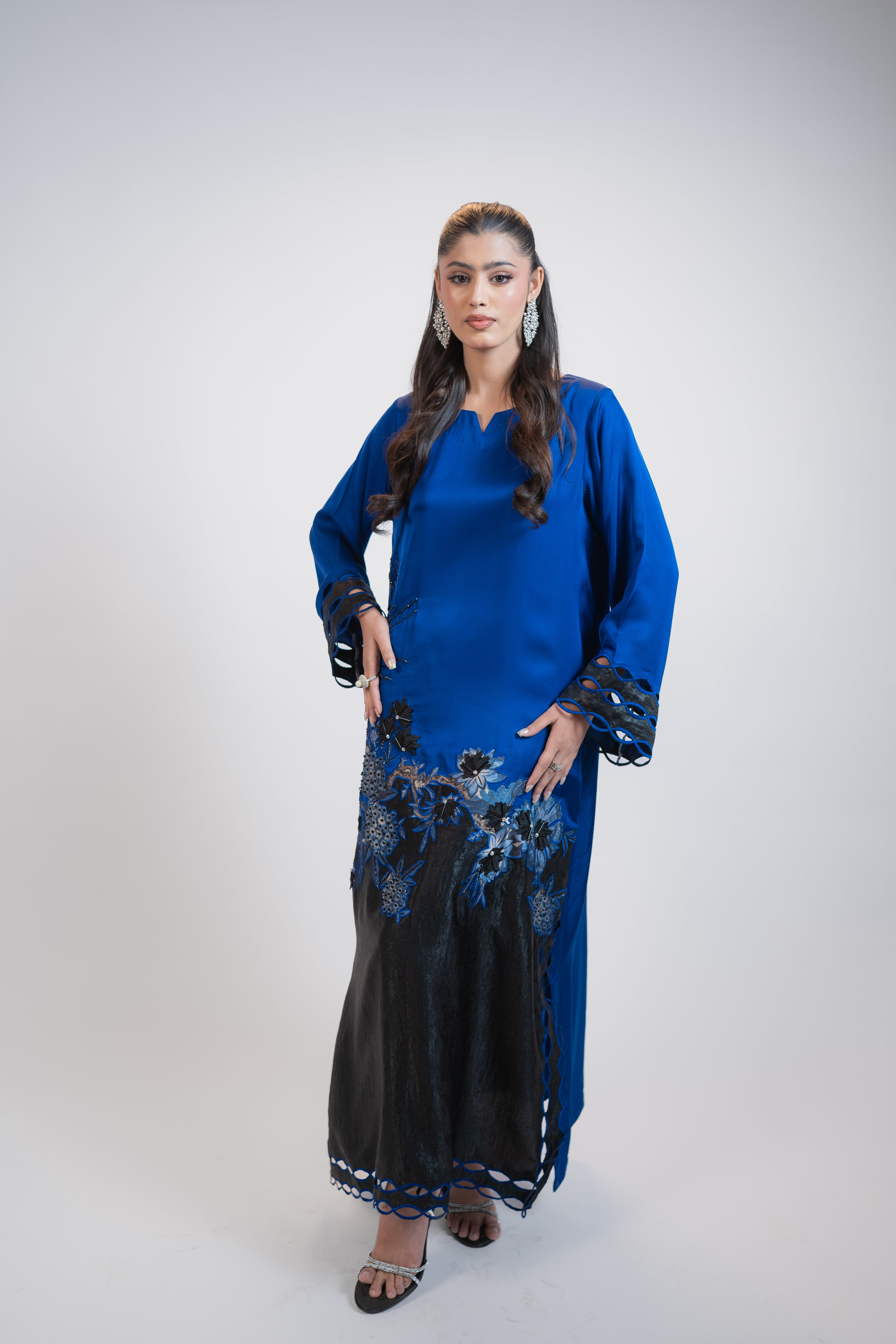 Blue & Black Silk 2 Piece Dress with Crystal Embroidery and 3D Floral Appliqué – Designer Party Wear Set