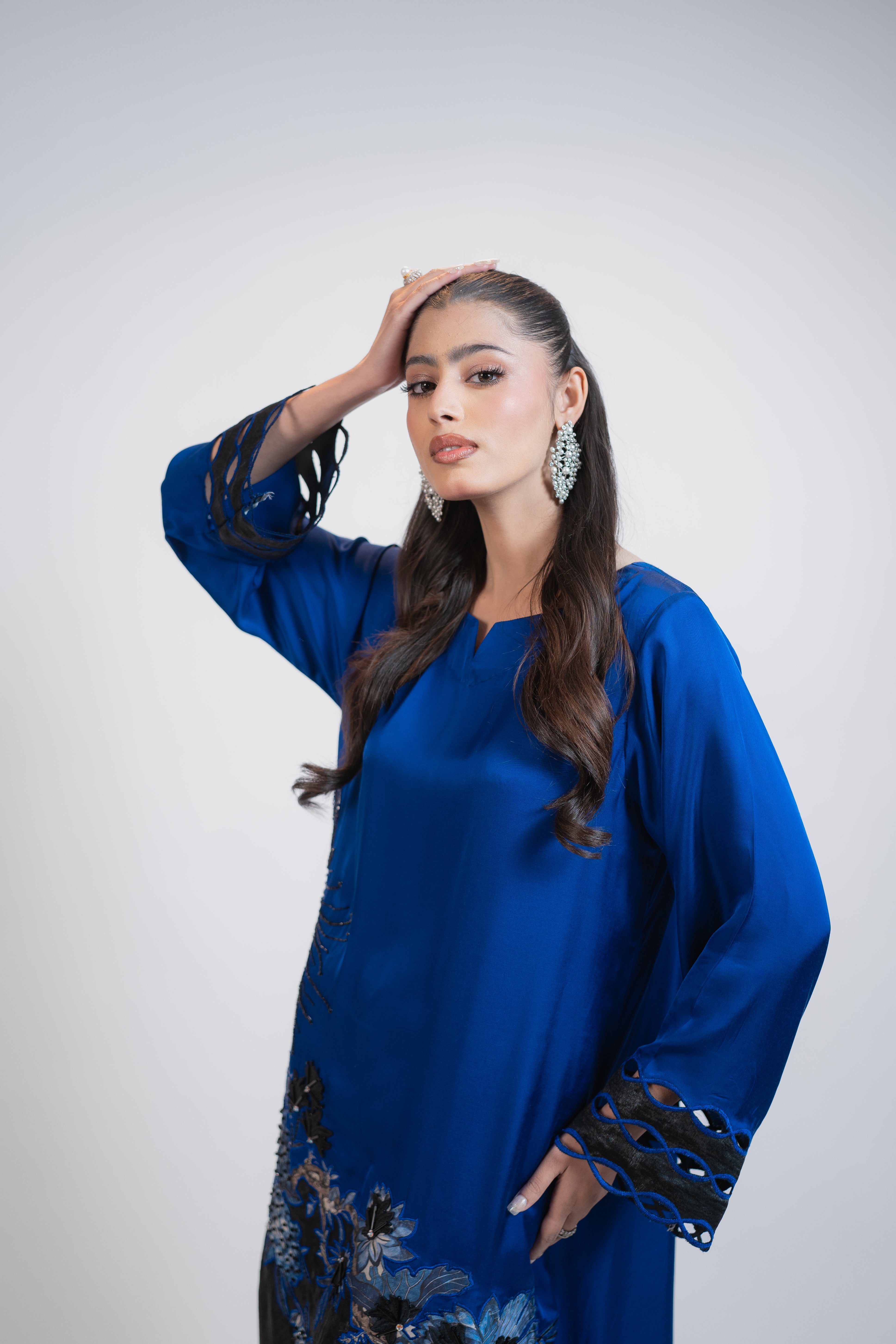 Blue & Black Silk 2 Piece Dress with Crystal Embroidery and 3D Floral Appliqué – Designer Party Wear Set