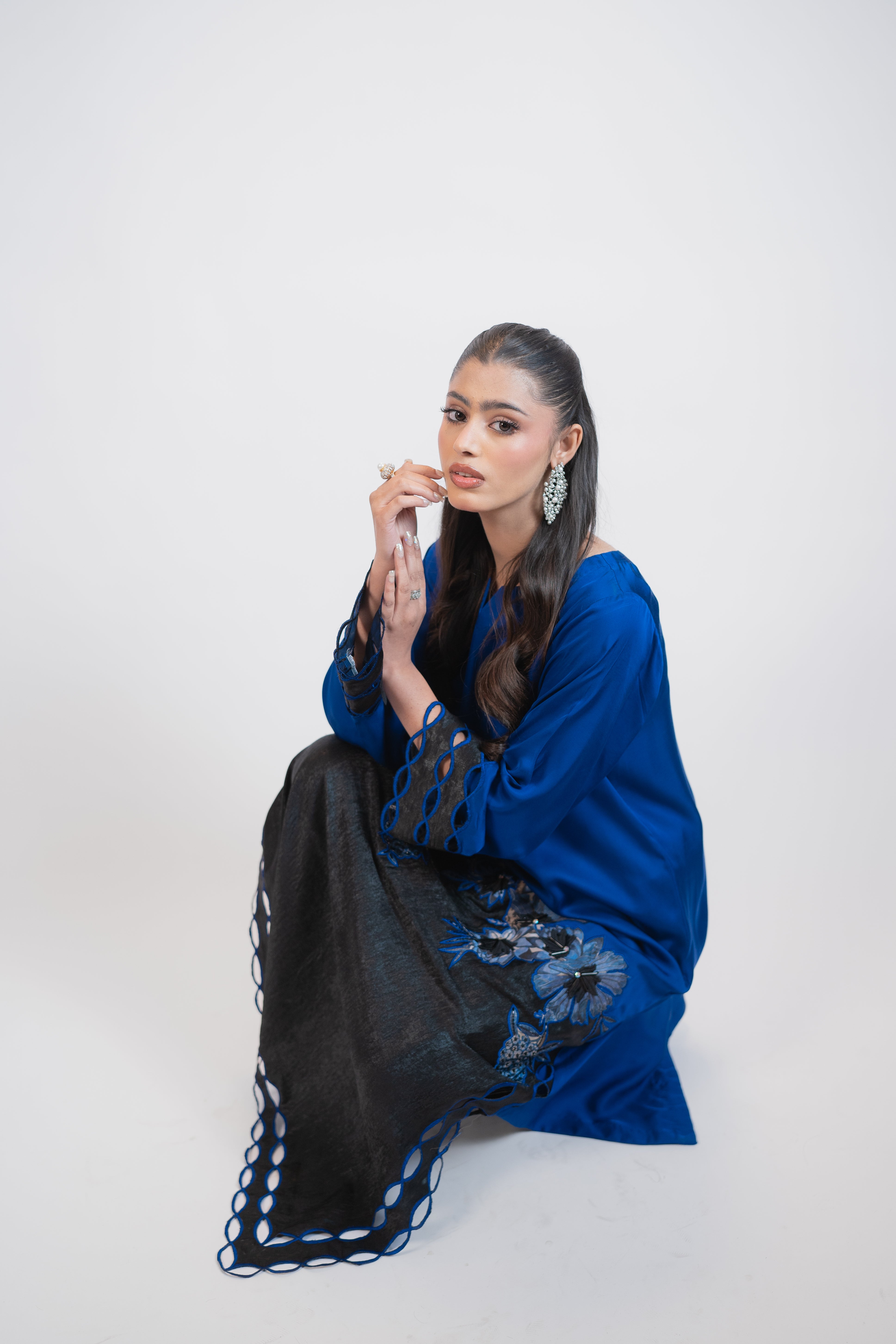 Blue & Black Silk 2 Piece Dress with Crystal Embroidery and 3D Floral Appliqué – Designer Party Wear Set