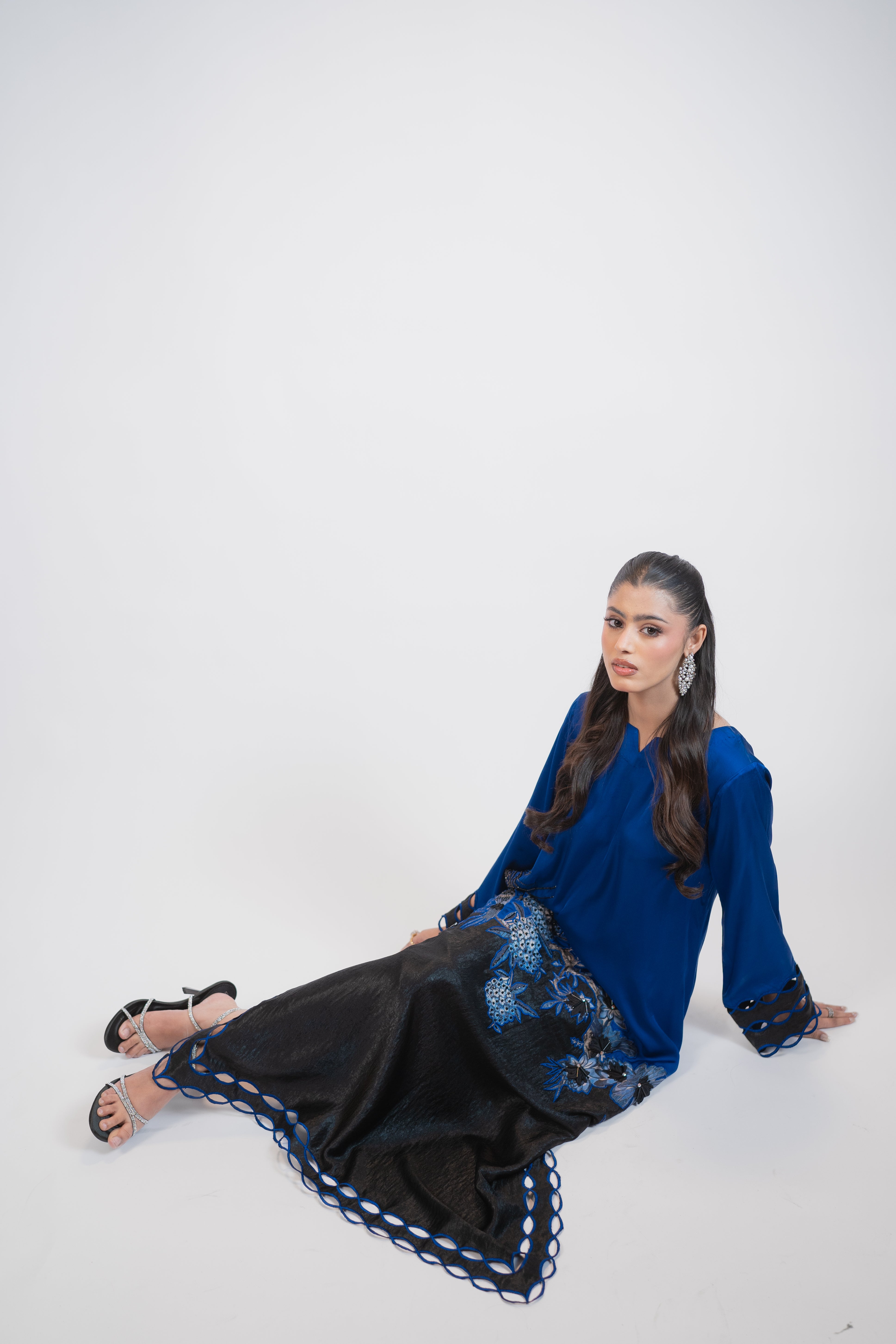 Blue & Black Silk 2 Piece Dress with Crystal Embroidery and 3D Floral Appliqué – Designer Party Wear Set