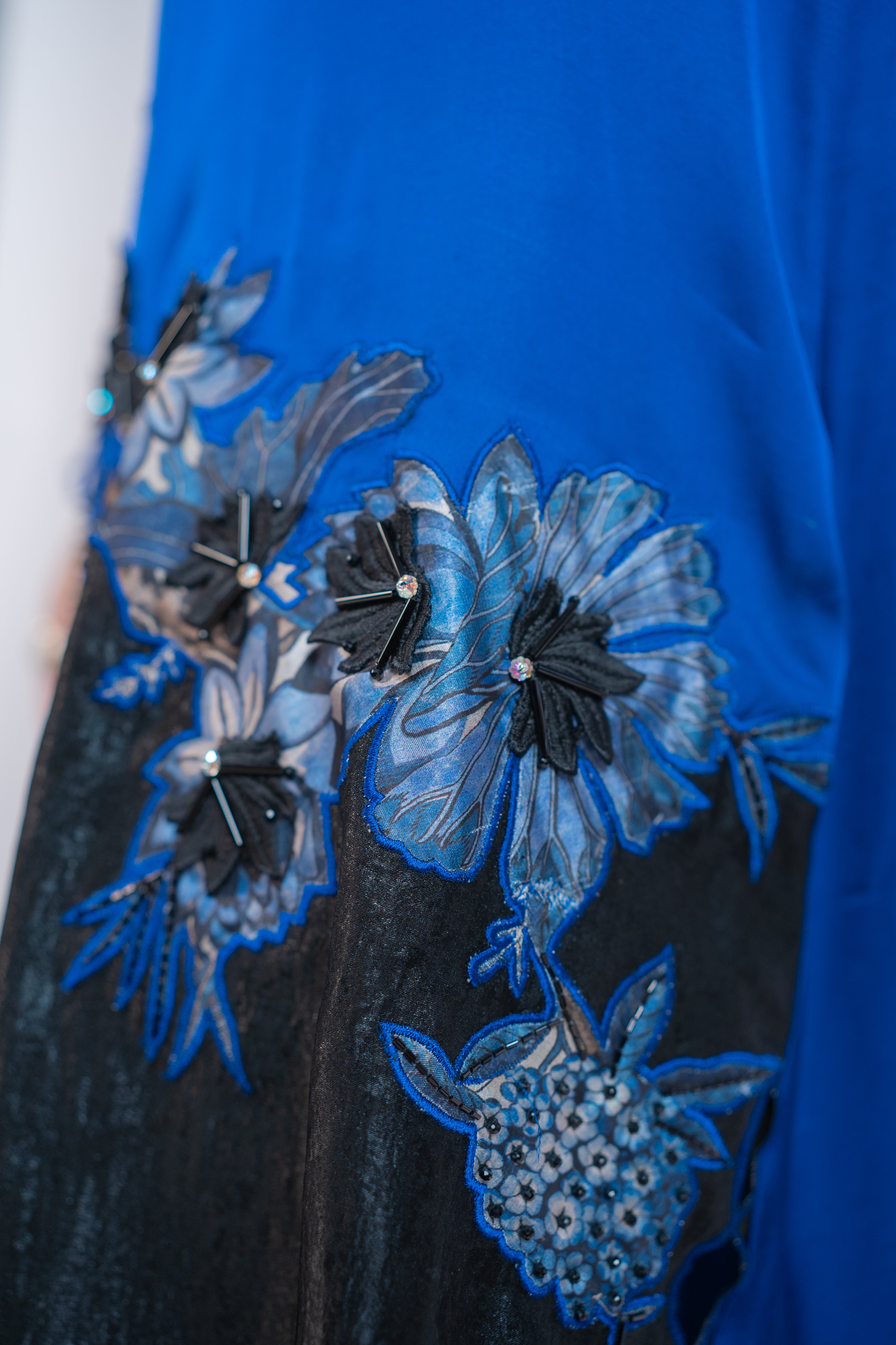 Blue & Black Silk 2 Piece Dress with Crystal Embroidery and 3D Floral Appliqué – Designer Party Wear Set