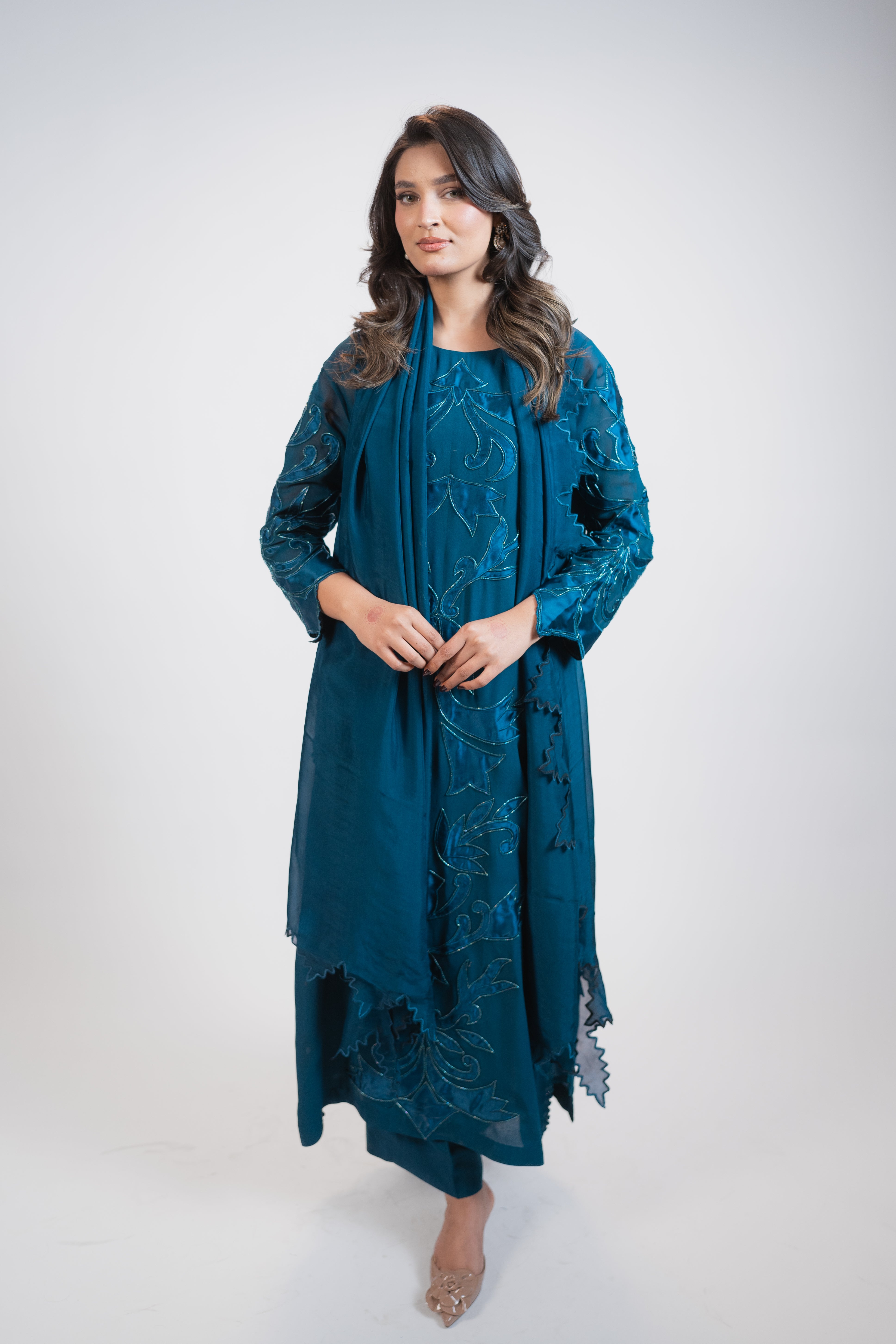 Teal Blue Georgette 3PC Dress with Silk Appliqué & Cut-Daana Work