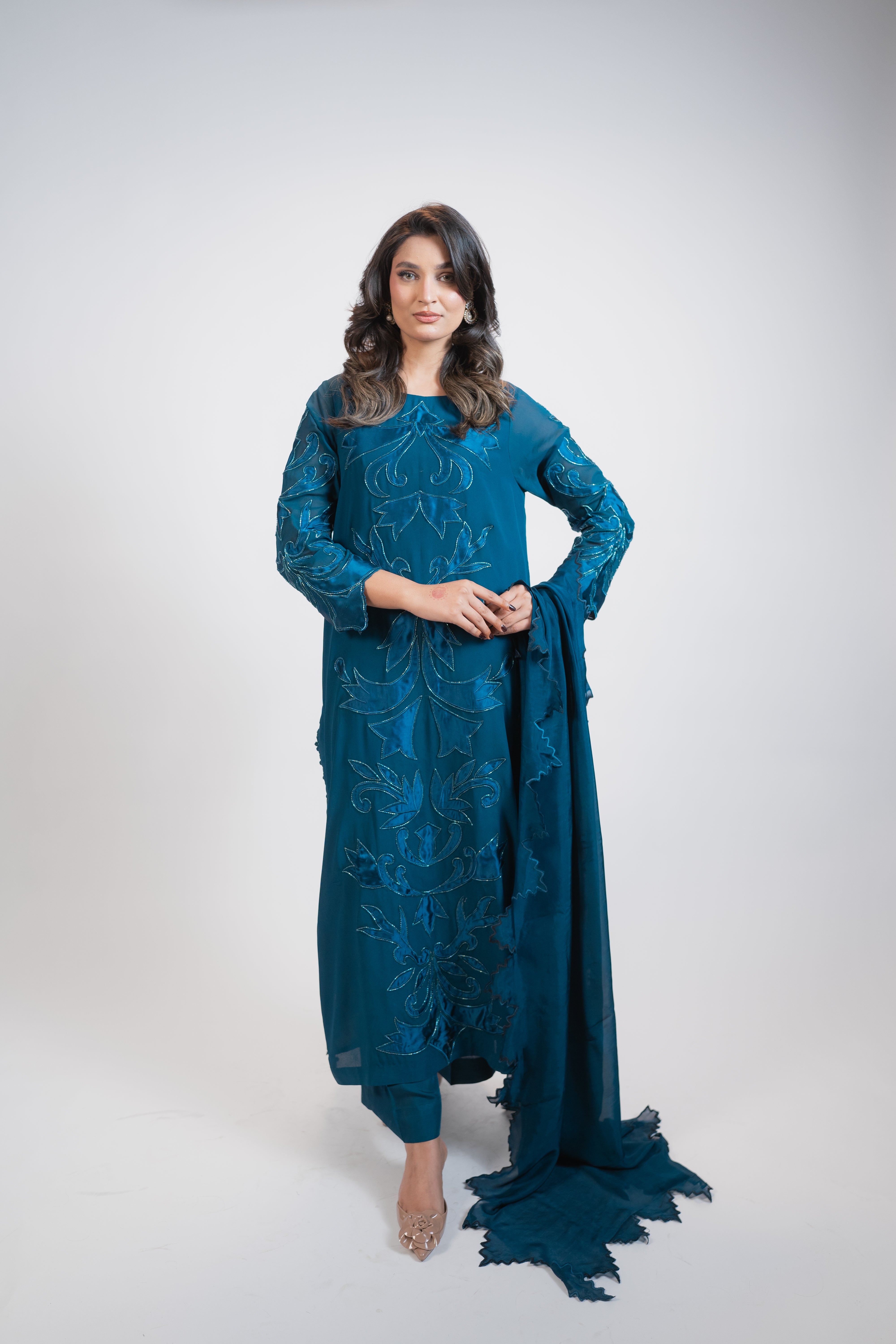 Teal Blue Georgette 3PC Dress with Silk Appliqué & Cut-Daana Work
